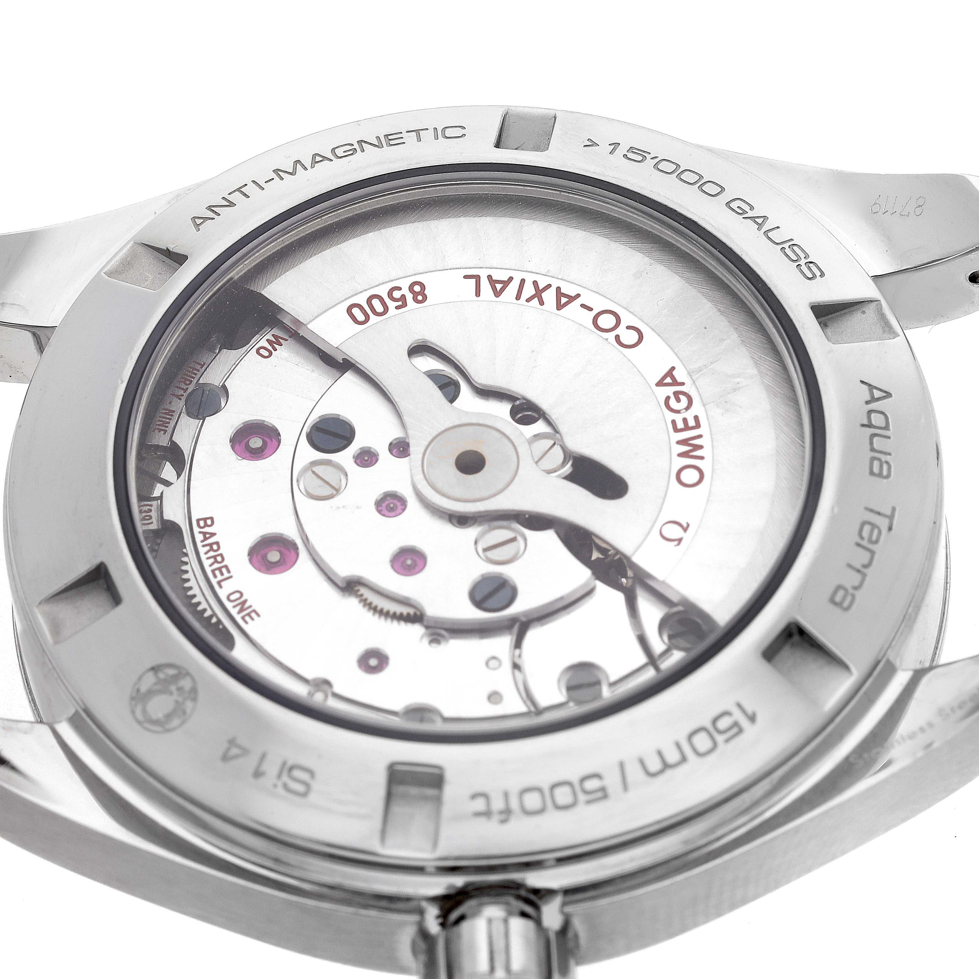 The image shows the back case of the Omega Aqua Terra 231.10.42.21.03.003 Men's Stainless Steel Blue Dial 231.10.42.21.03.003 Men's Stainless Steel Blue Dial, highlighting the movement and anti-magnetic features.