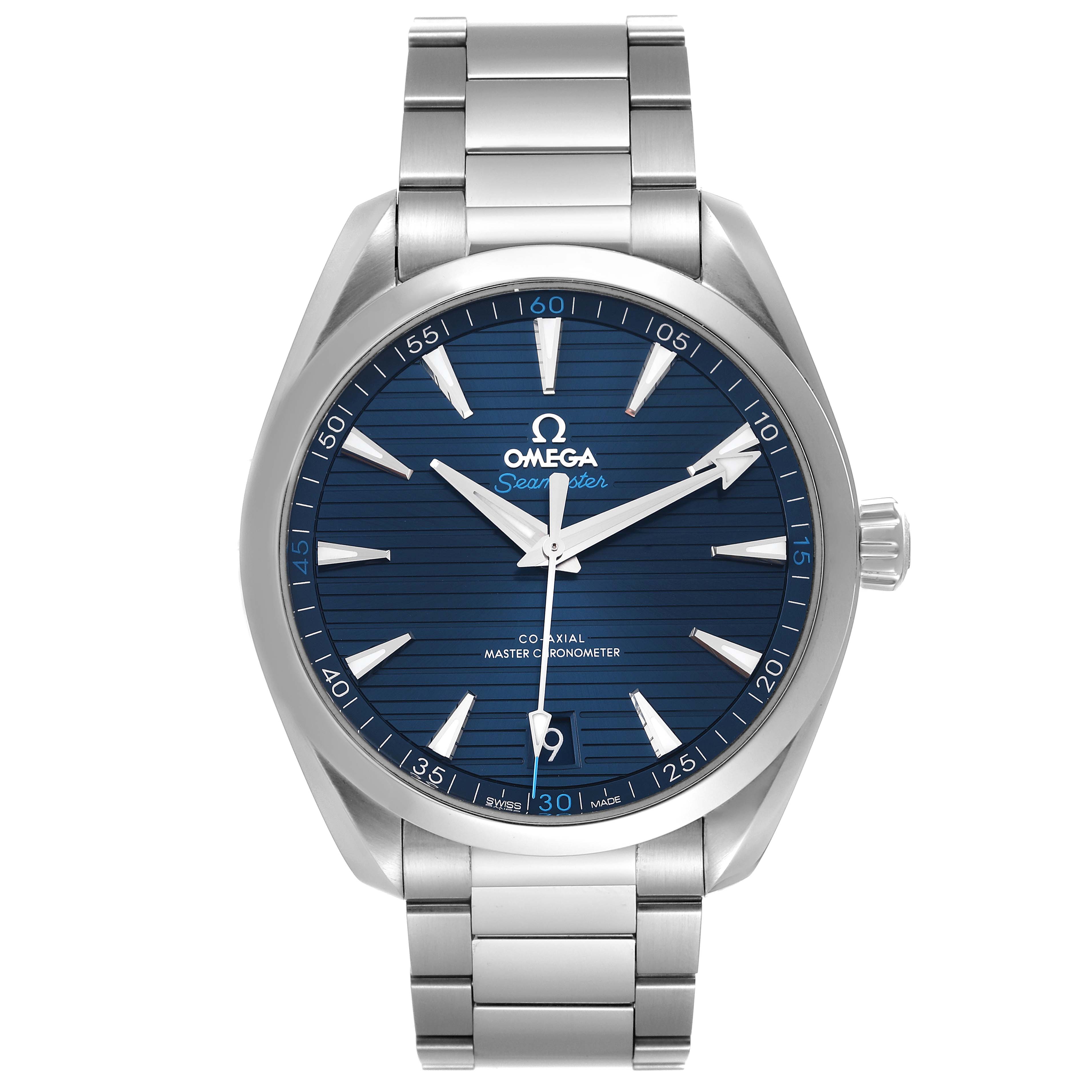 The image shows a front view of an Omega Aqua Terra 220.10.41.21.03.001 Men
s Stainless Steel Blue Dial 220.10.41.21.03.001 Men
s Stainless Steel Blue Dial watch, featuring a blue dial and stainless steel bracelet.