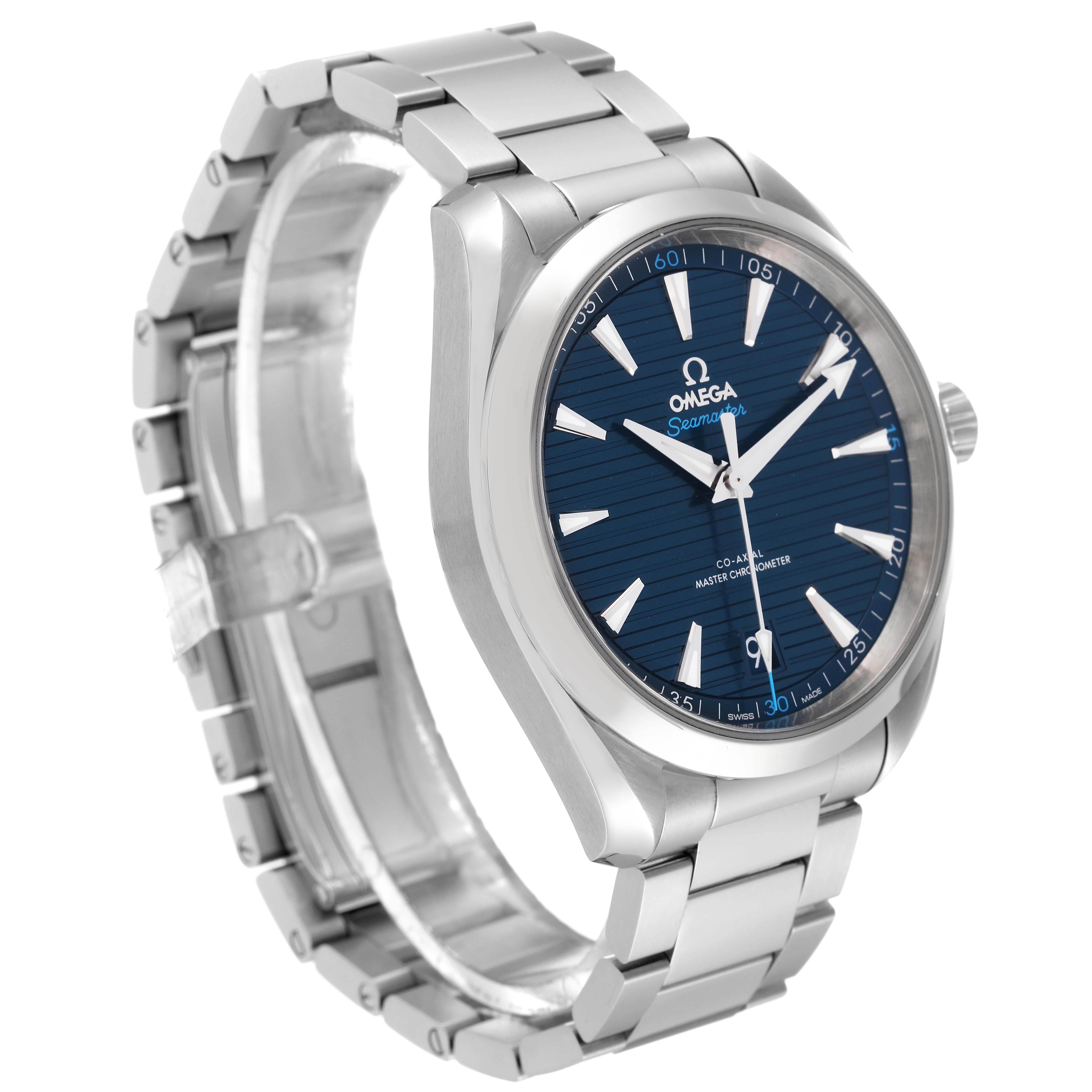The Omega Aqua Terra 220.10.41.21.03.001 Men
s Stainless Steel Blue Dial 220.10.41.21.03.001 Men
s Stainless Steel Blue Dial watch is shown from a front-left angle, displaying its blue dial and stainless steel bracelet.