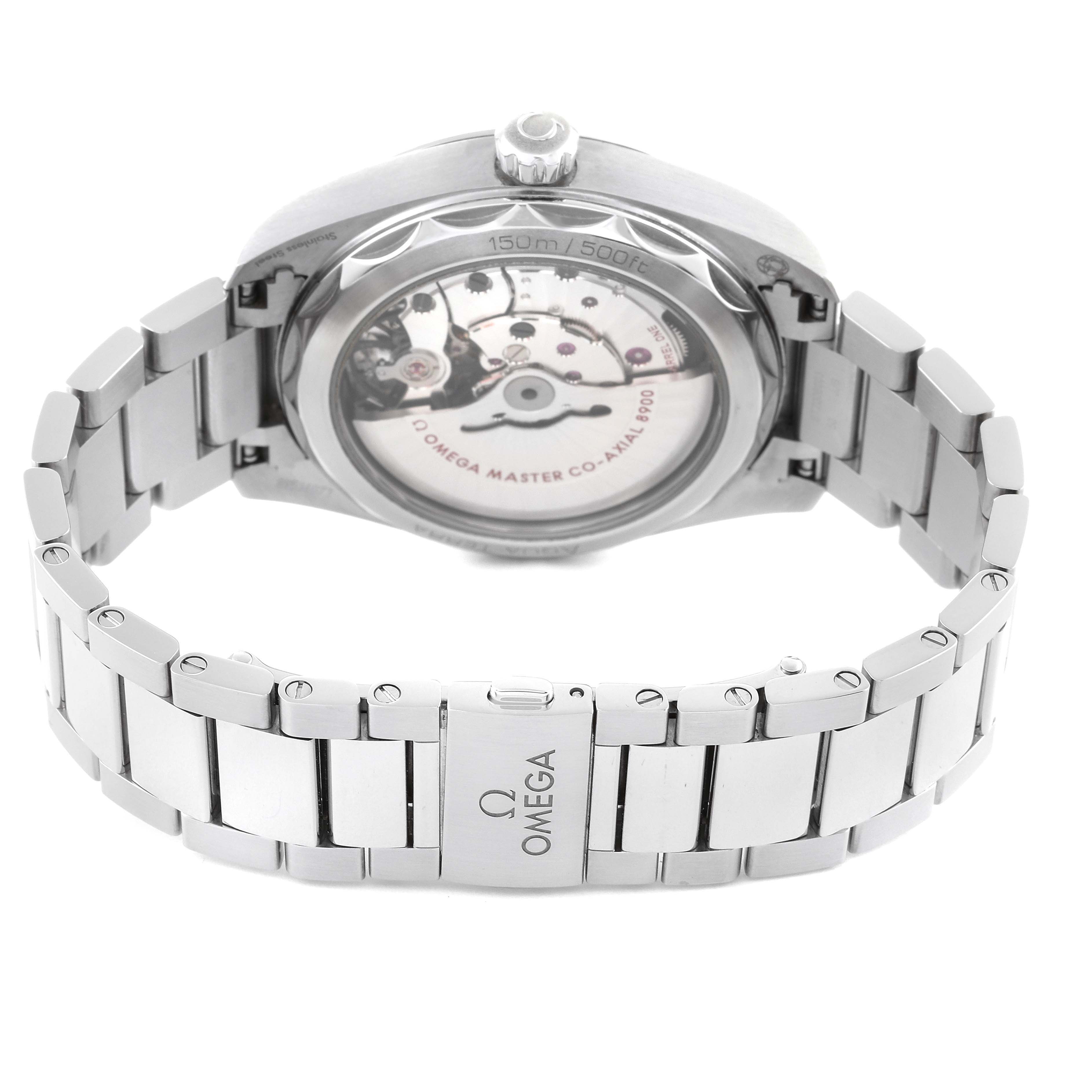 The image shows the back view of the Omega Aqua Terra 220.10.41.21.03.001 Men
s Stainless Steel Blue Dial 220.10.41.21.03.001 Men
s Stainless Steel Blue Dial watch, highlighting its metal bracelet and the transparent case back revealing the movement.