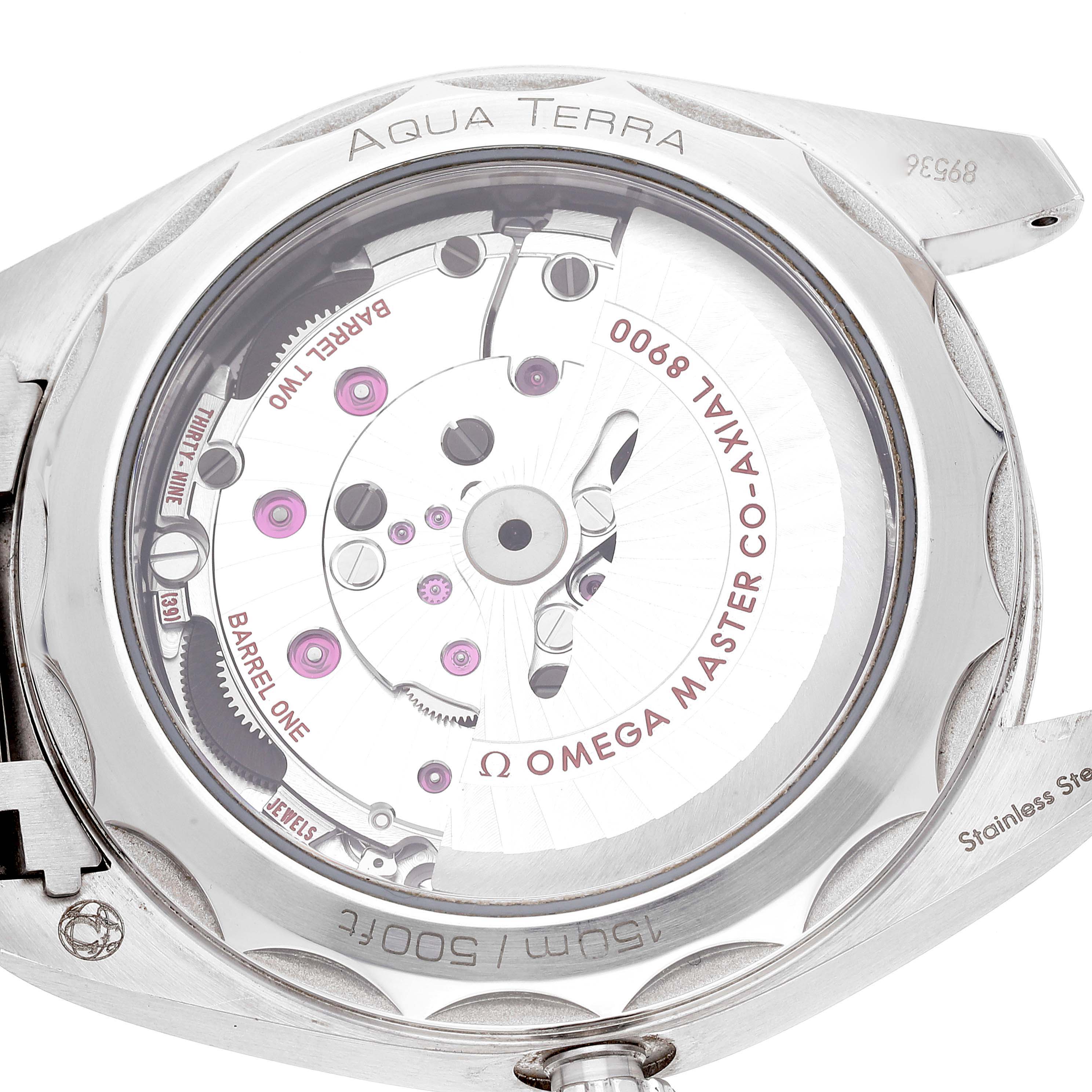 The image shows the movement and back case of the Omega Aqua Terra 220.10.41.21.03.001 Men
s Stainless Steel Blue Dial 220.10.41.21.03.001 Men
s Stainless Steel Blue Dial watch model from a straight-on angle.