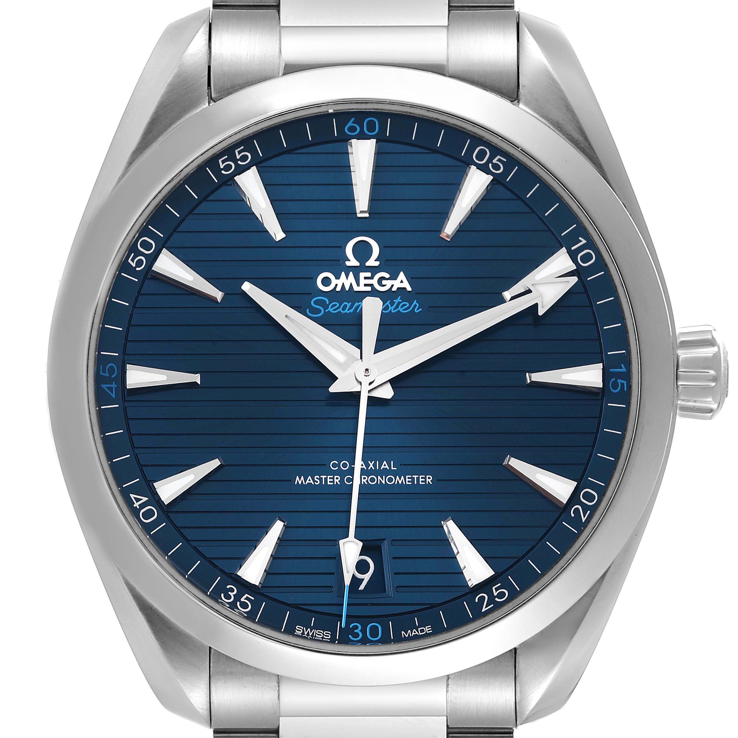 The image shows a front view of the Omega Aqua Terra 220.10.41.21.03.001 Men
s Stainless Steel Blue Dial 220.10.41.21.03.001 Men
s Stainless Steel Blue Dial model, highlighting its blue dial, hands, indices, and bezel.