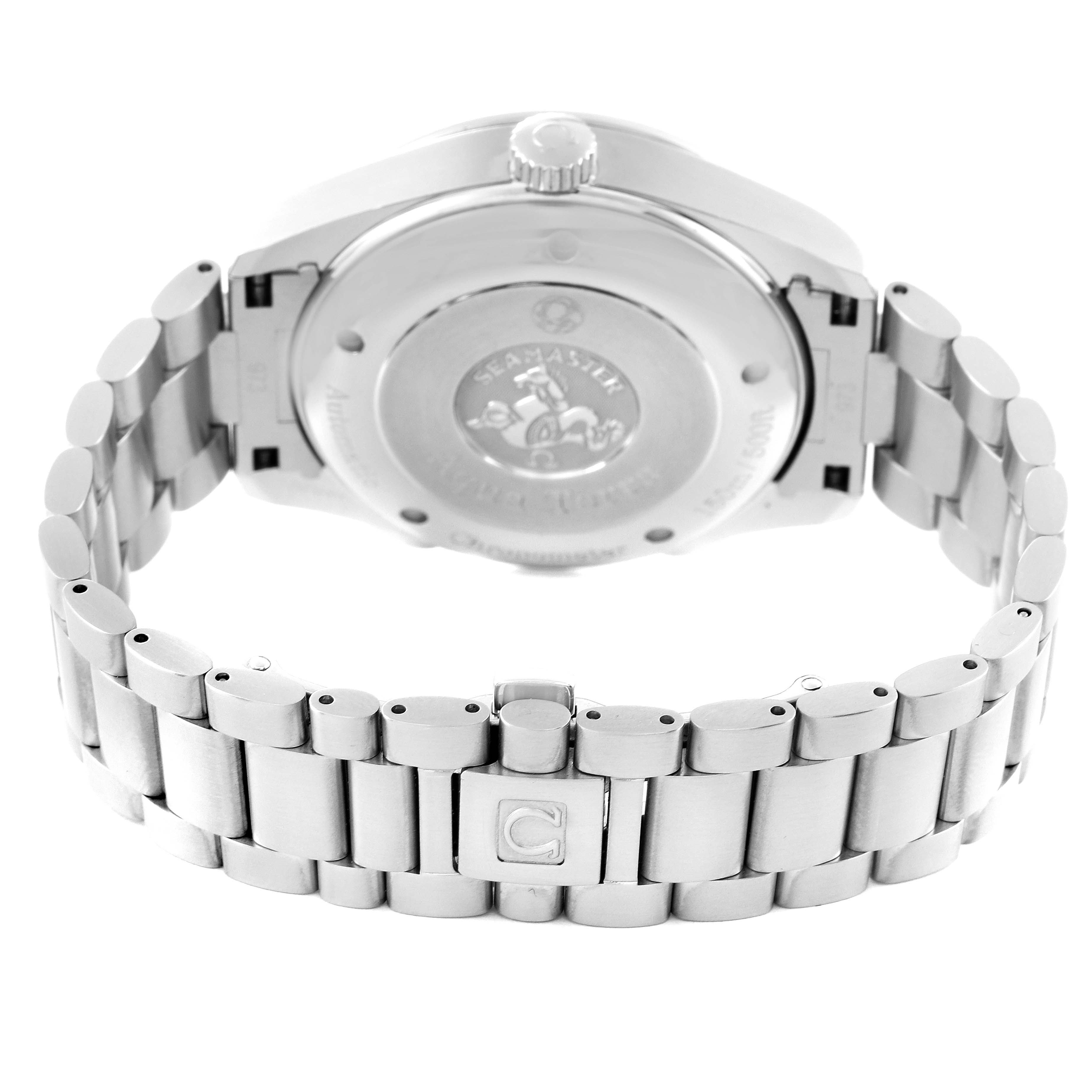 The image shows the back case and bracelet of the Omega Aqua Terra 2513.30.00 Men
s Stainless Steel Silver Dial 2513.30.00 Men
s Stainless Steel Silver Dial watch.