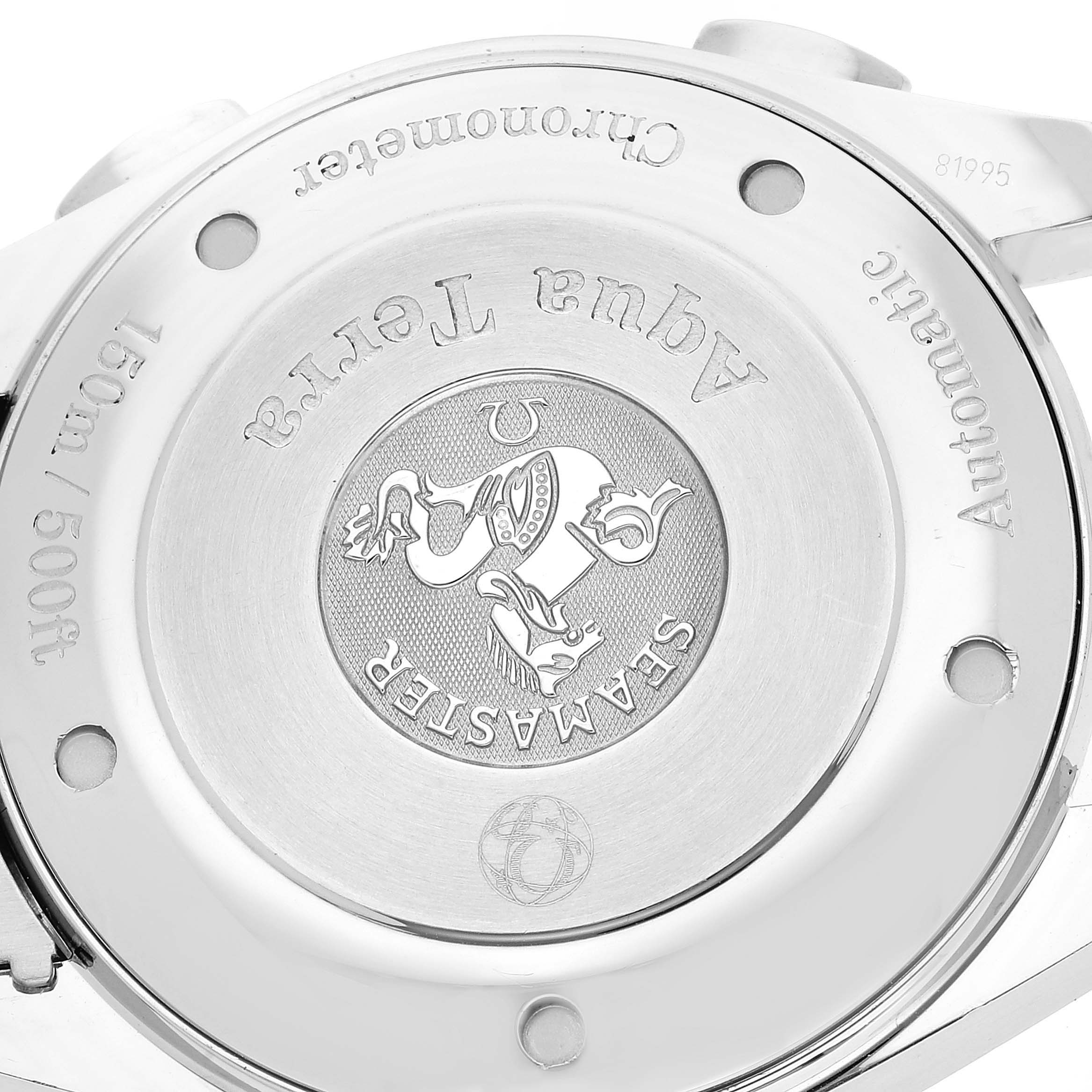 This image shows the back case of the Omega Aqua Terra 2513.30.00 Men
s Stainless Steel Silver Dial 2513.30.00 Men
s Stainless Steel Silver Dial watch, highlighting the brand engravings and Seamonster logo.