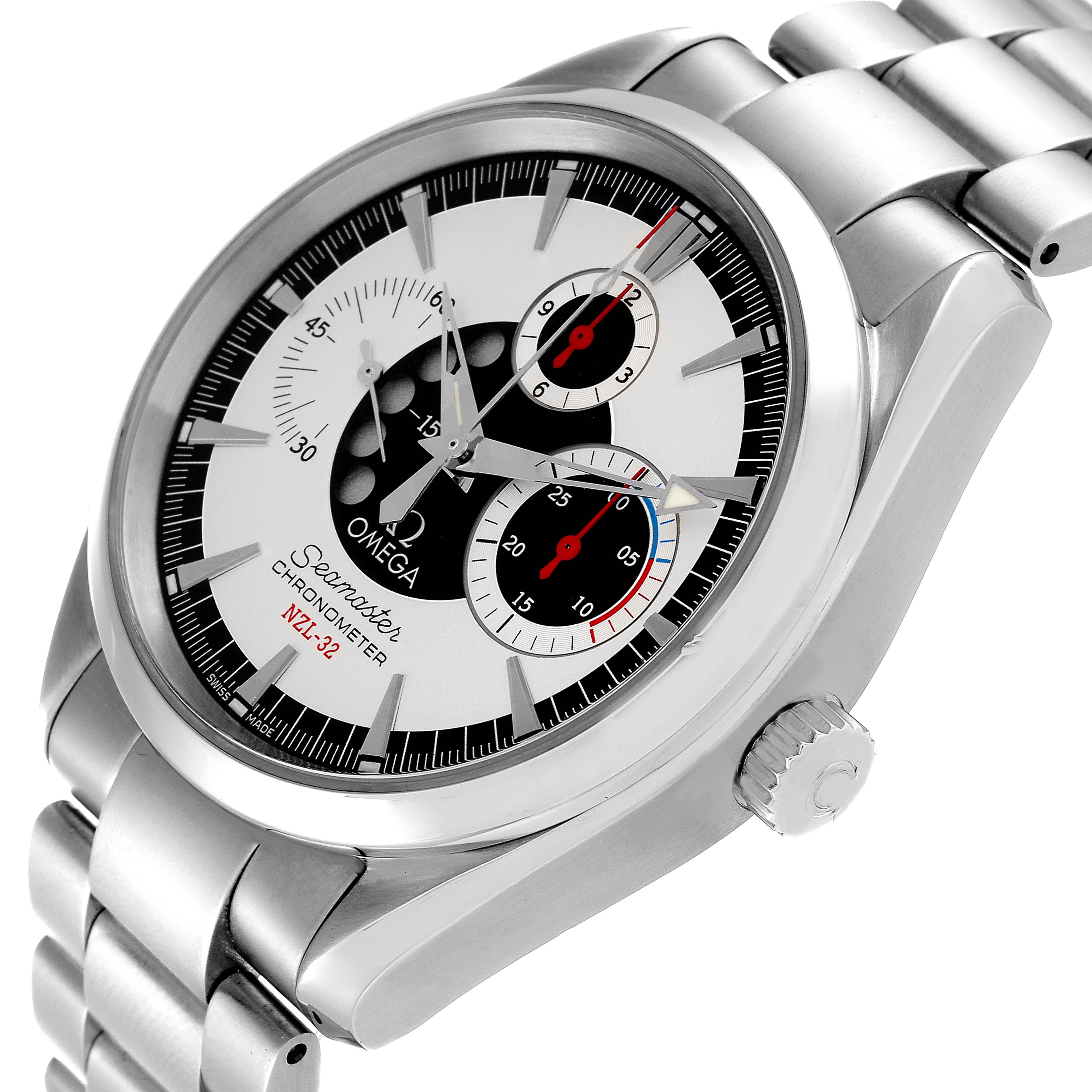 The Omega Aqua Terra 2513.30.00 Men
s Stainless Steel Silver Dial 2513.30.00 Men
s Stainless Steel Silver Dial watch is shown at a slight angle, revealing its dial, crown, and metal bracelet.