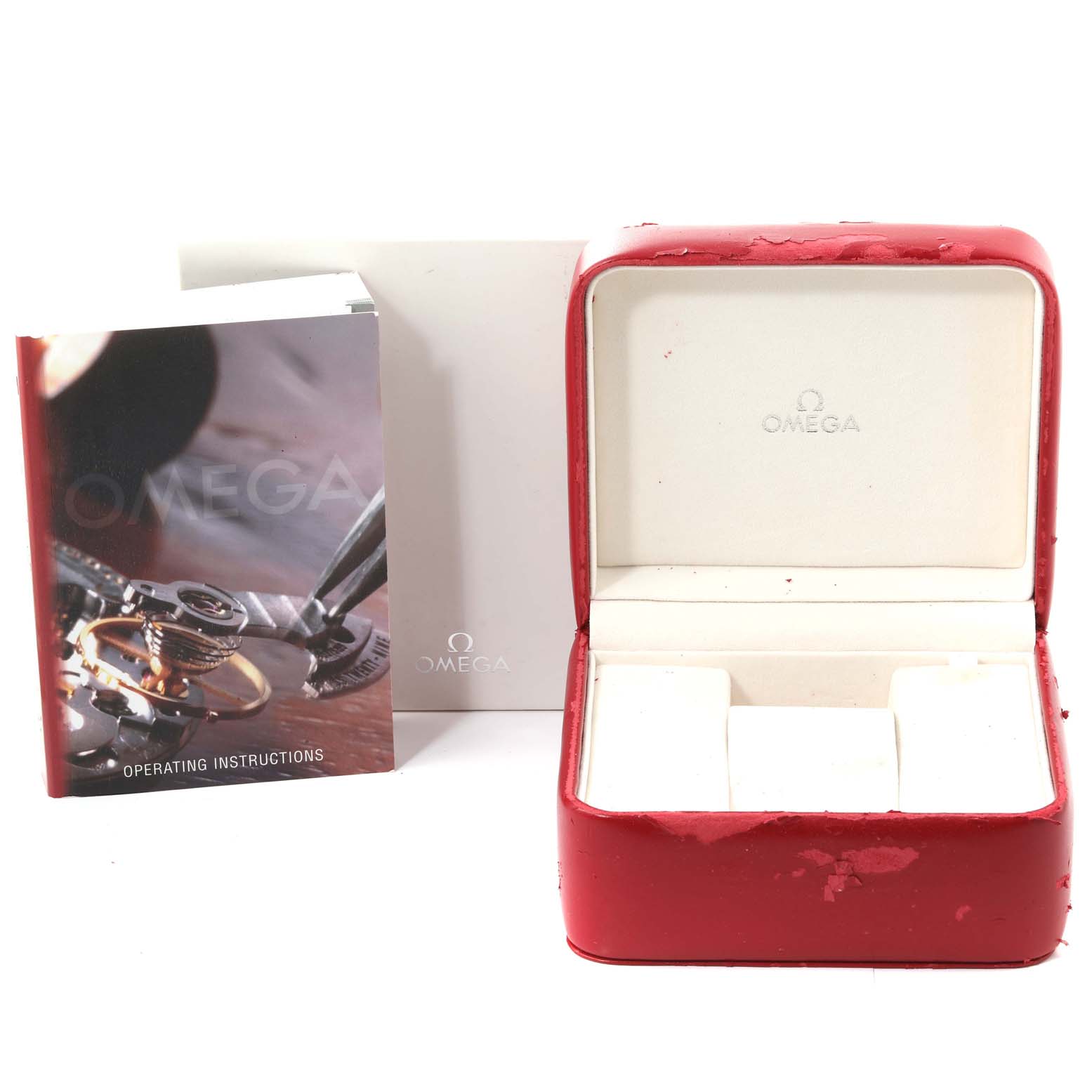 The image shows an Omega Aqua Terra 2513.30.00 Men
s Stainless Steel Silver Dial 2513.30.00 Men
s Stainless Steel Silver Dial model watch box, instruction manual, and outer packaging.