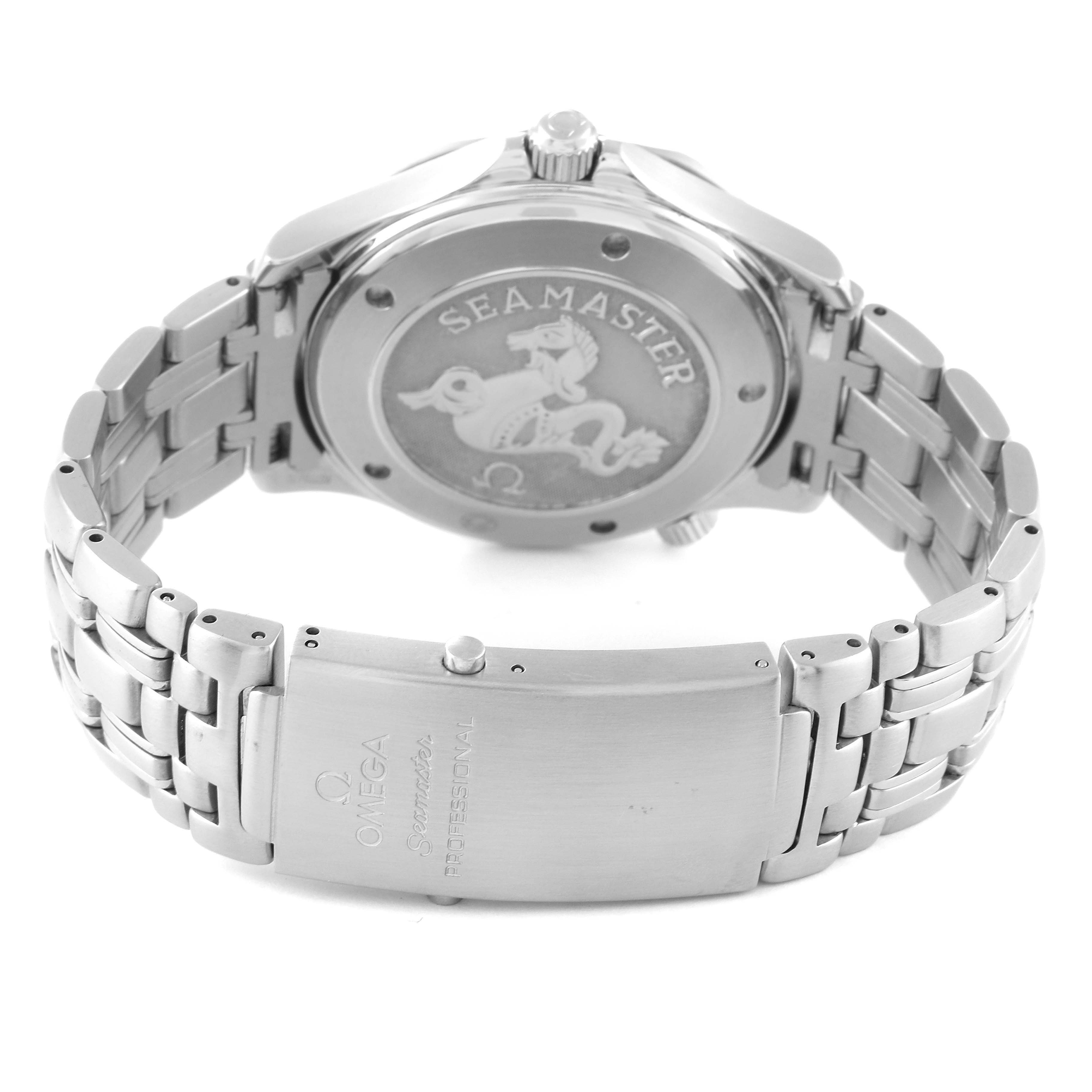 This image shows the back case and bracelet of an Omega Seamaster 2221.80.00 Men's Stainless Steel Blue Dial 2221.80.00 Men's Stainless Steel Blue Dial watch.