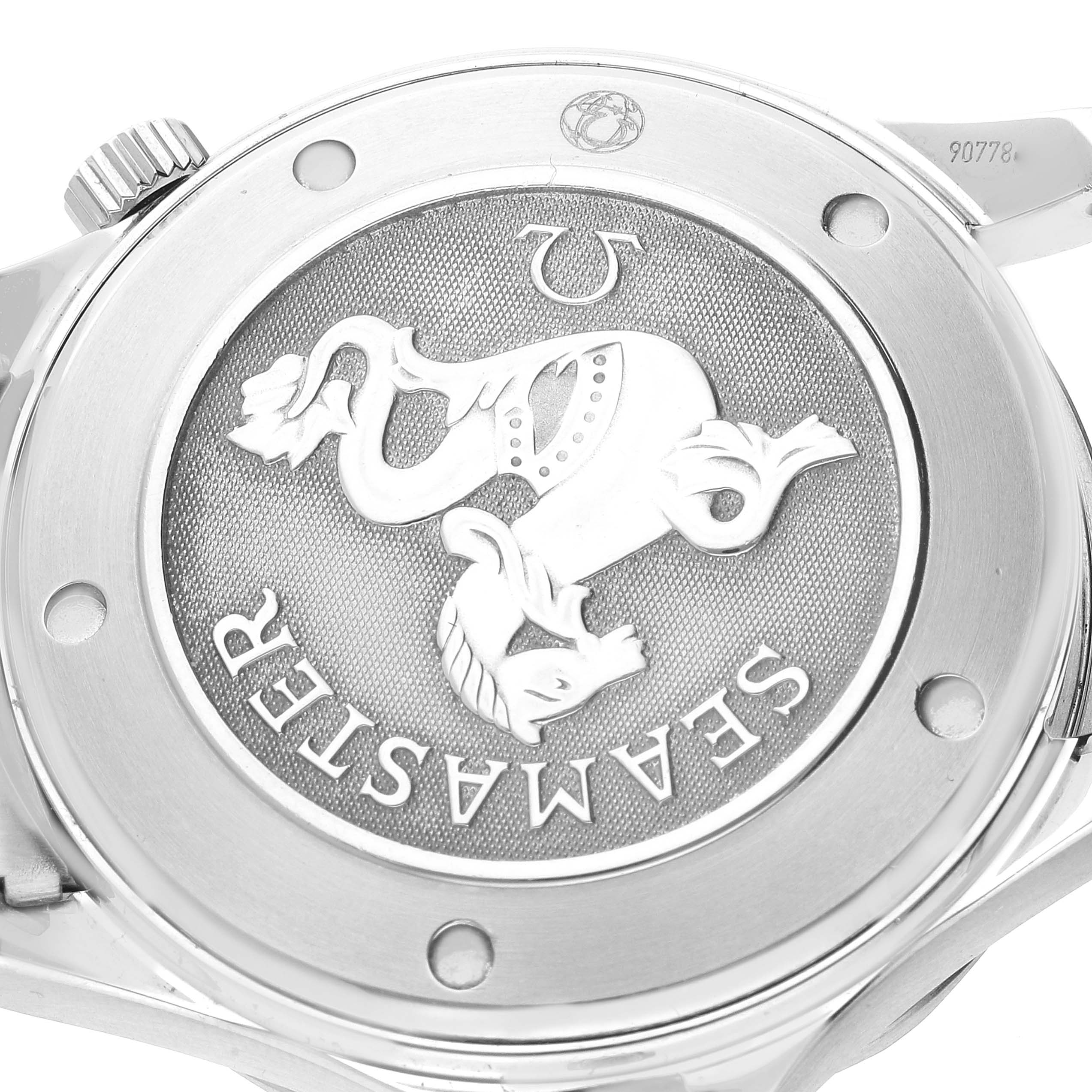 This image shows the back case of an Omega Seamaster 2221.80.00 Men's Stainless Steel Blue Dial 2221.80.00 Men's Stainless Steel Blue Dial watch at a close-up angle.