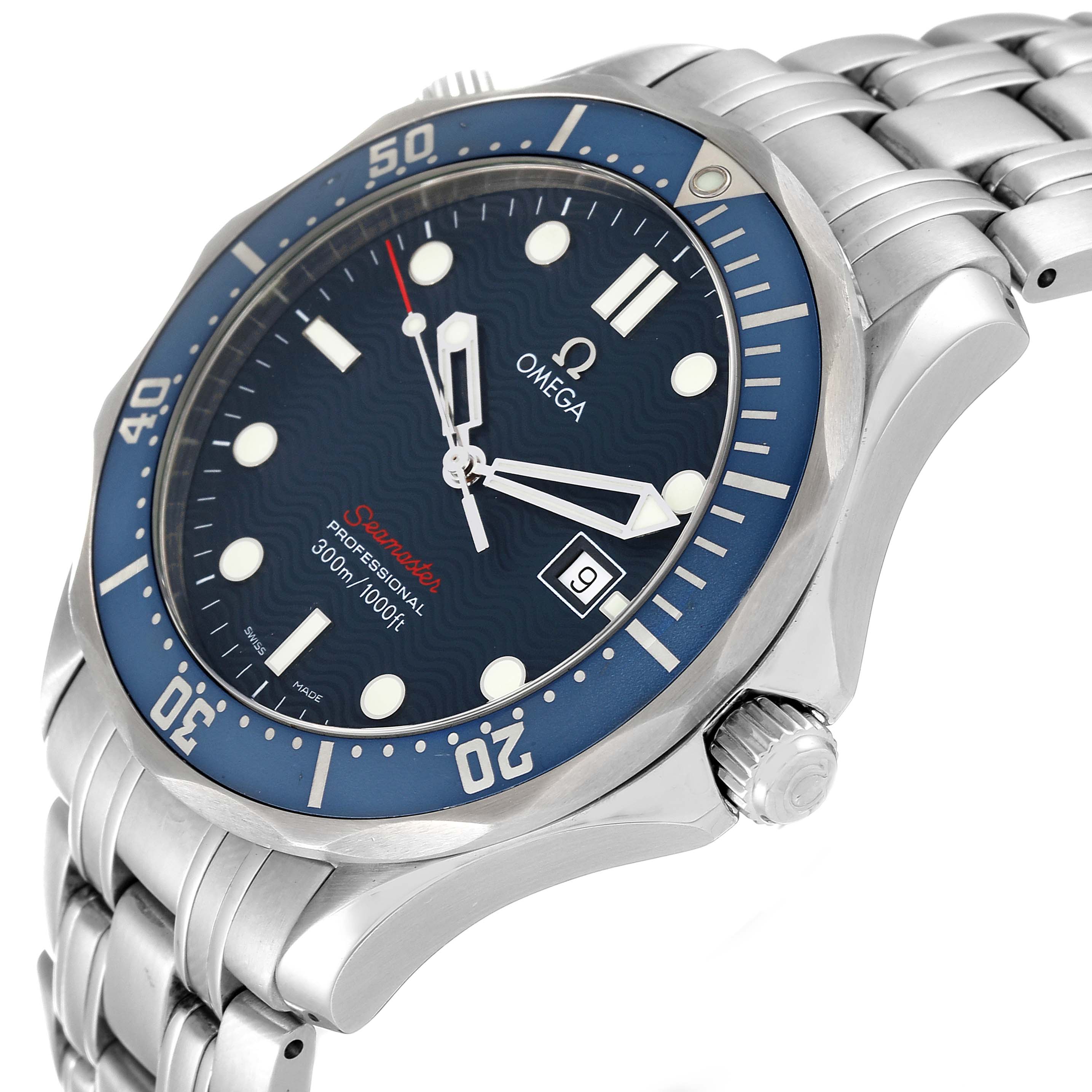 The image shows a side-angle view of an Omega Seamaster 2221.80.00 Men's Stainless Steel Blue Dial 2221.80.00 Men's Stainless Steel Blue Dial watch showcasing its bezel, dial, date window, crown, and bracelet.