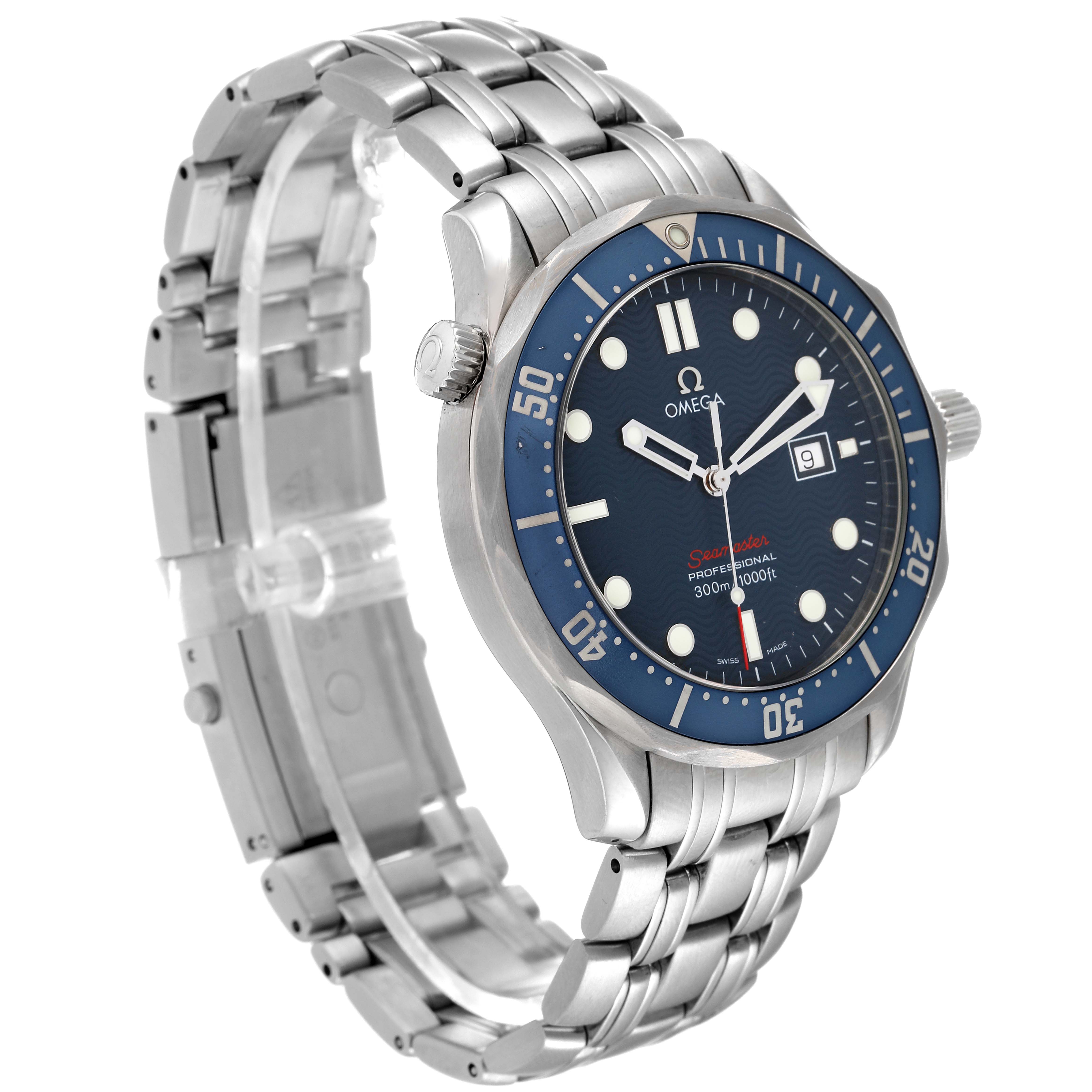 The image shows an angled view of the Omega Seamaster 2221.80.00 Men's Stainless Steel Blue Dial 2221.80.00 Men's Stainless Steel Blue Dial watch with a focus on the dial, bezel, crown, and stainless steel bracelet.