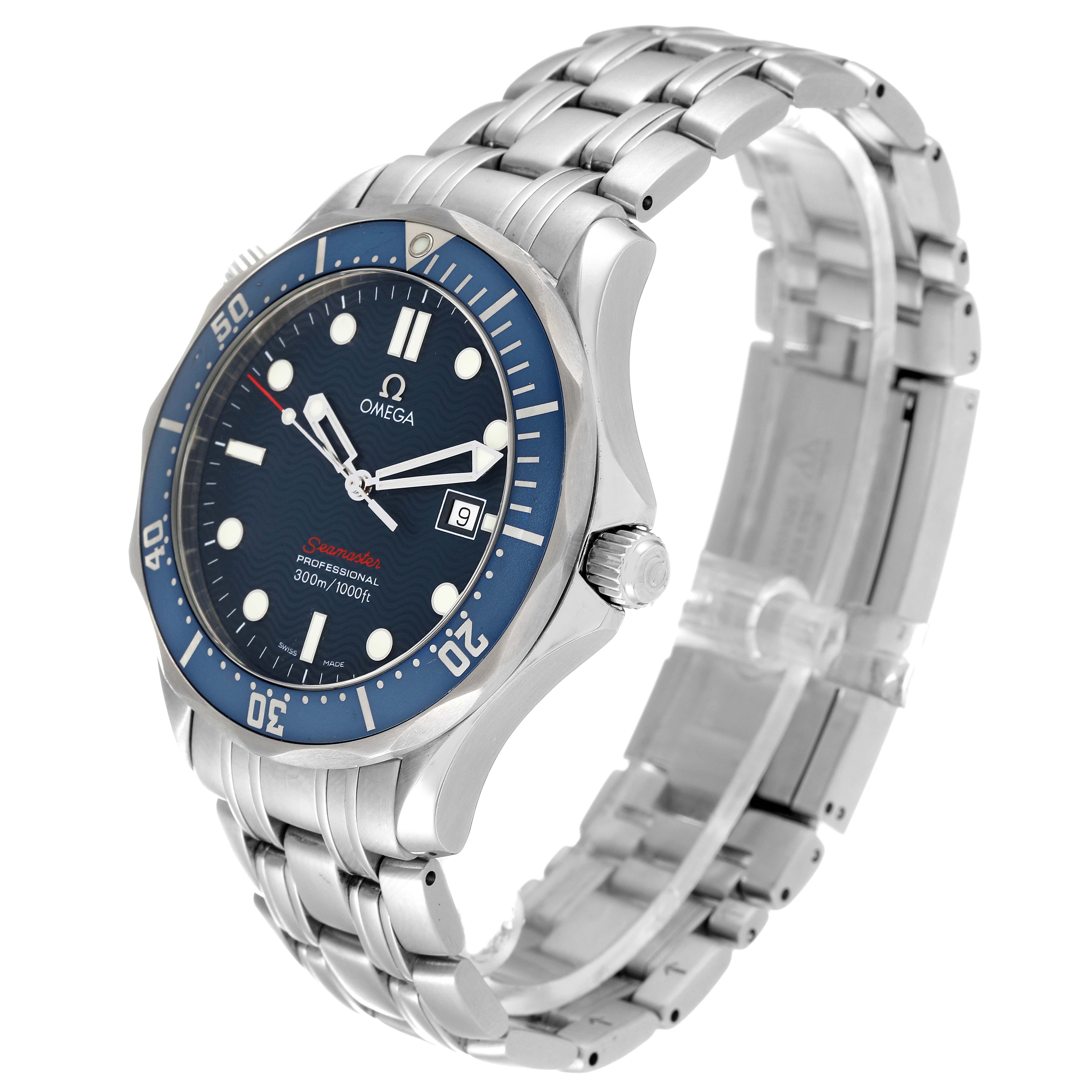 This image shows a side angle view of an Omega Seamaster 2221.80.00 Men's Stainless Steel Blue Dial 2221.80.00 Men's Stainless Steel Blue Dial watch, featuring its face, bezel, crown, and metal bracelet.