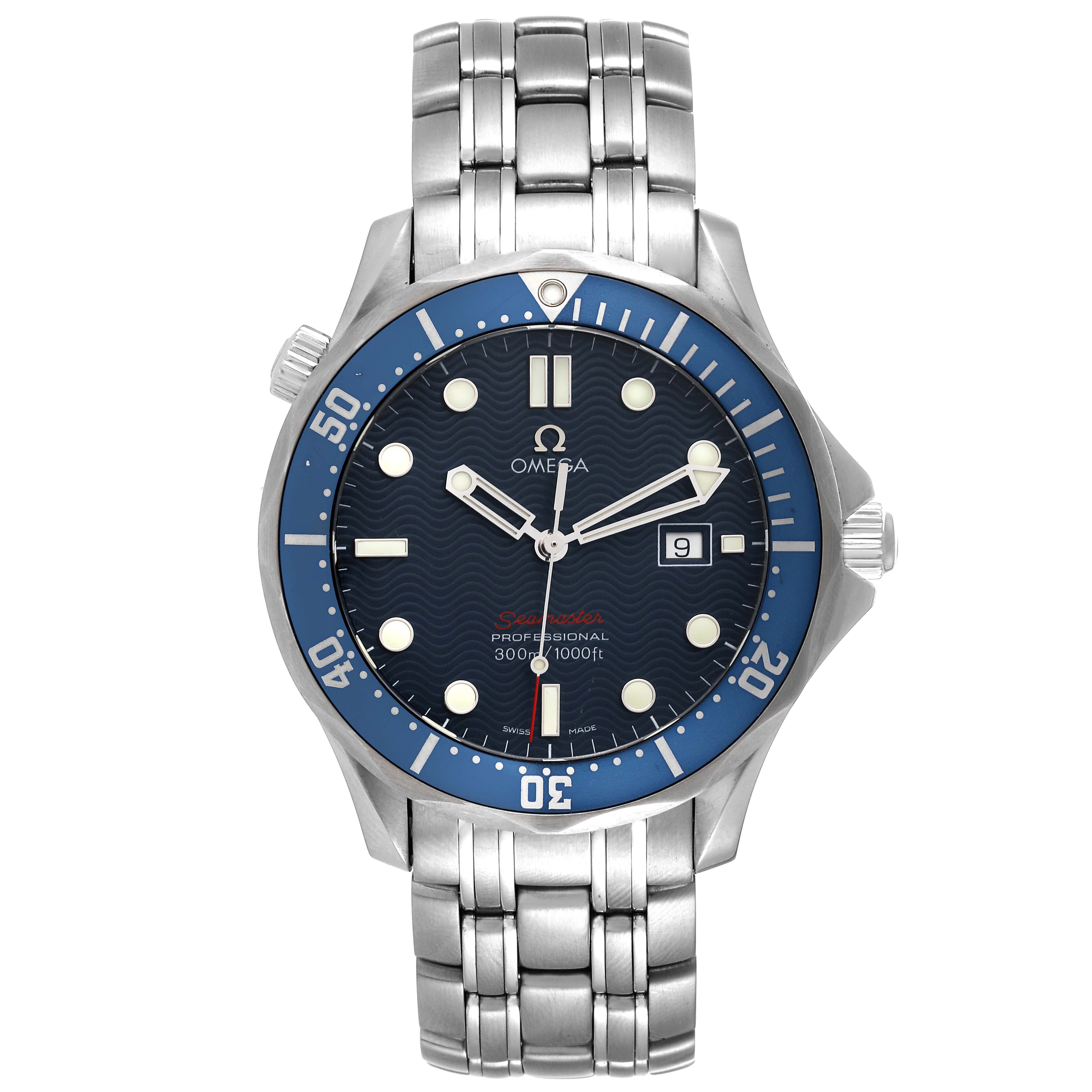 The image shows a front view of the Omega Seamaster 2221.80.00 Men's Stainless Steel Blue Dial 2221.80.00 Men's Stainless Steel Blue Dial watch, displaying its face, bezel, and metal strap.