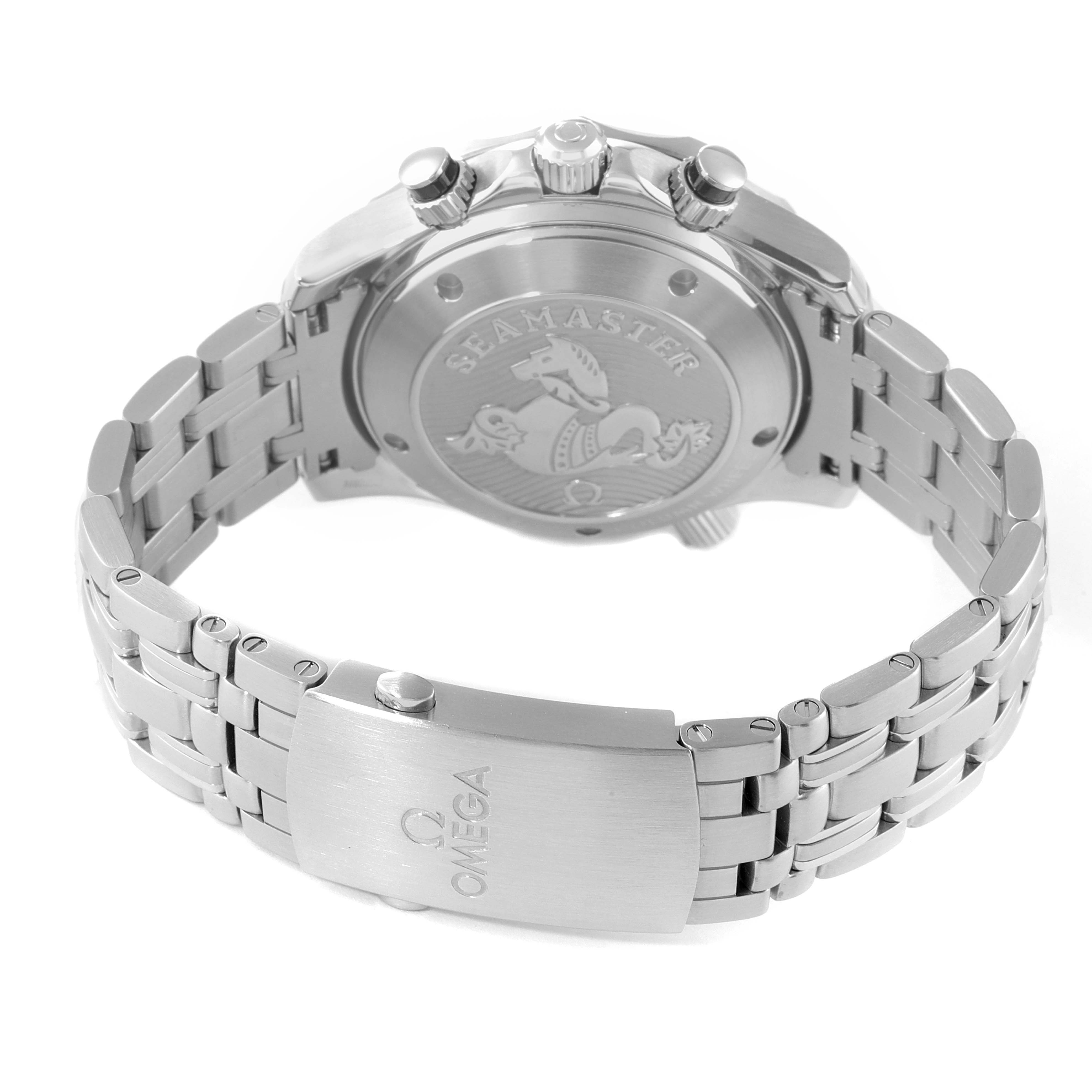 This Omega Seamaster 212.30.42.50.01.001 Men's Stainless Steel Black Dial 212.30.42.50.01.001 Men's Stainless Steel Black Dial watch is shown from the back, highlighting the case back and the metal bracelet with the Omega logo on the clasp.