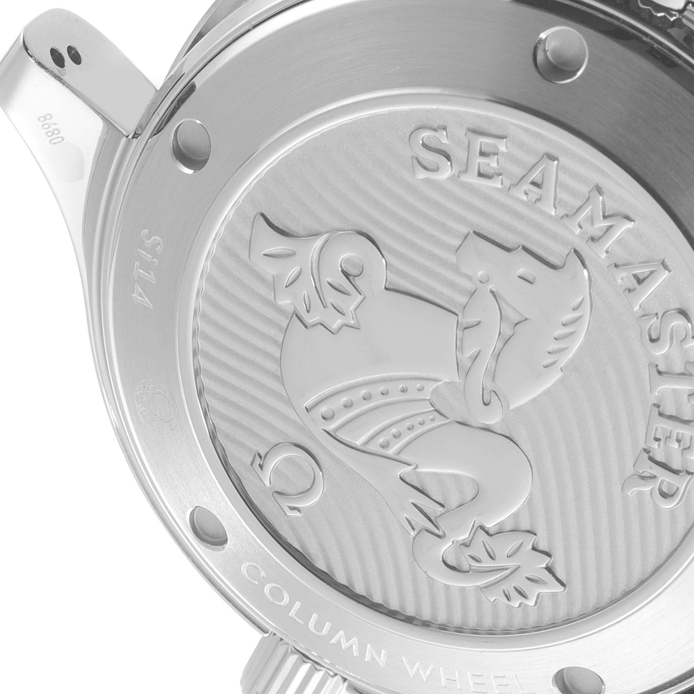 The image shows a close-up of the case back of an Omega Seamaster 212.30.42.50.01.001 Men's Stainless Steel Black Dial 212.30.42.50.01.001 Men's Stainless Steel Black Dial watch, highlighting the logo and engravings.