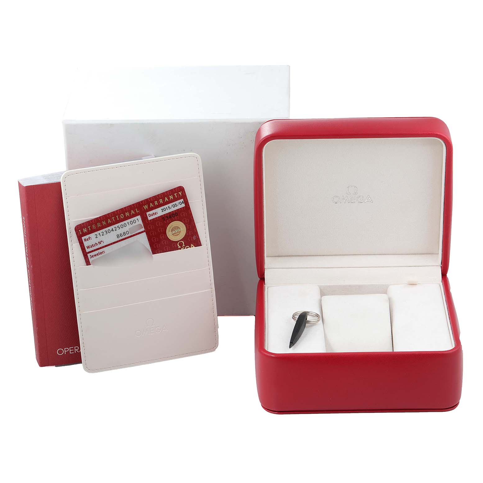 The image shows a red Omega Seamaster 212.30.42.50.01.001 Men's Stainless Steel Black Dial 212.30.42.50.01.001 Men's Stainless Steel Black Dial watch box, warranty card, operational manual, and a tool.