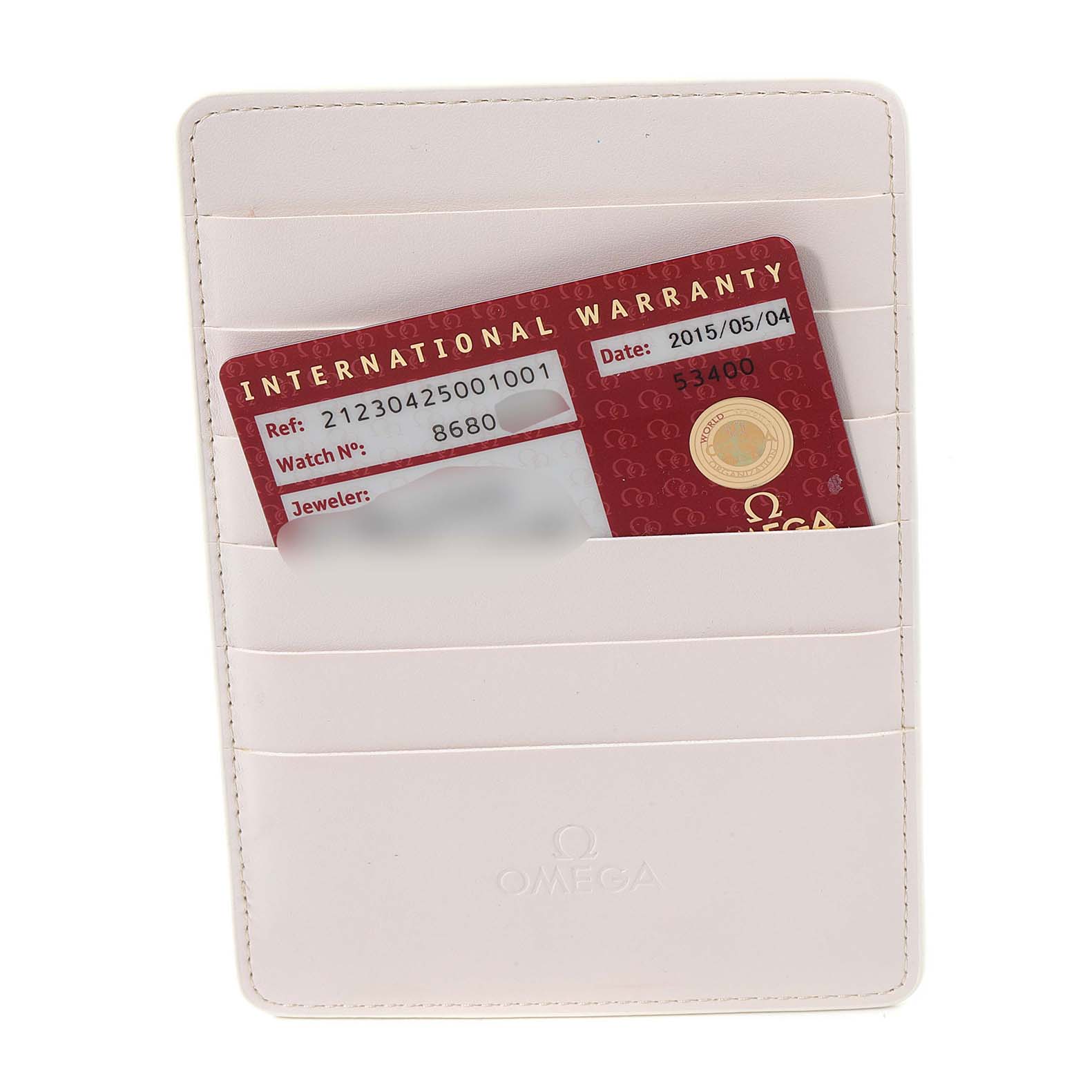 The image shows an Omega Seamaster 212.30.42.50.01.001 Men's Stainless Steel Black Dial 212.30.42.50.01.001 Men's Stainless Steel Black Dial International Warranty card inside a white cardholder.