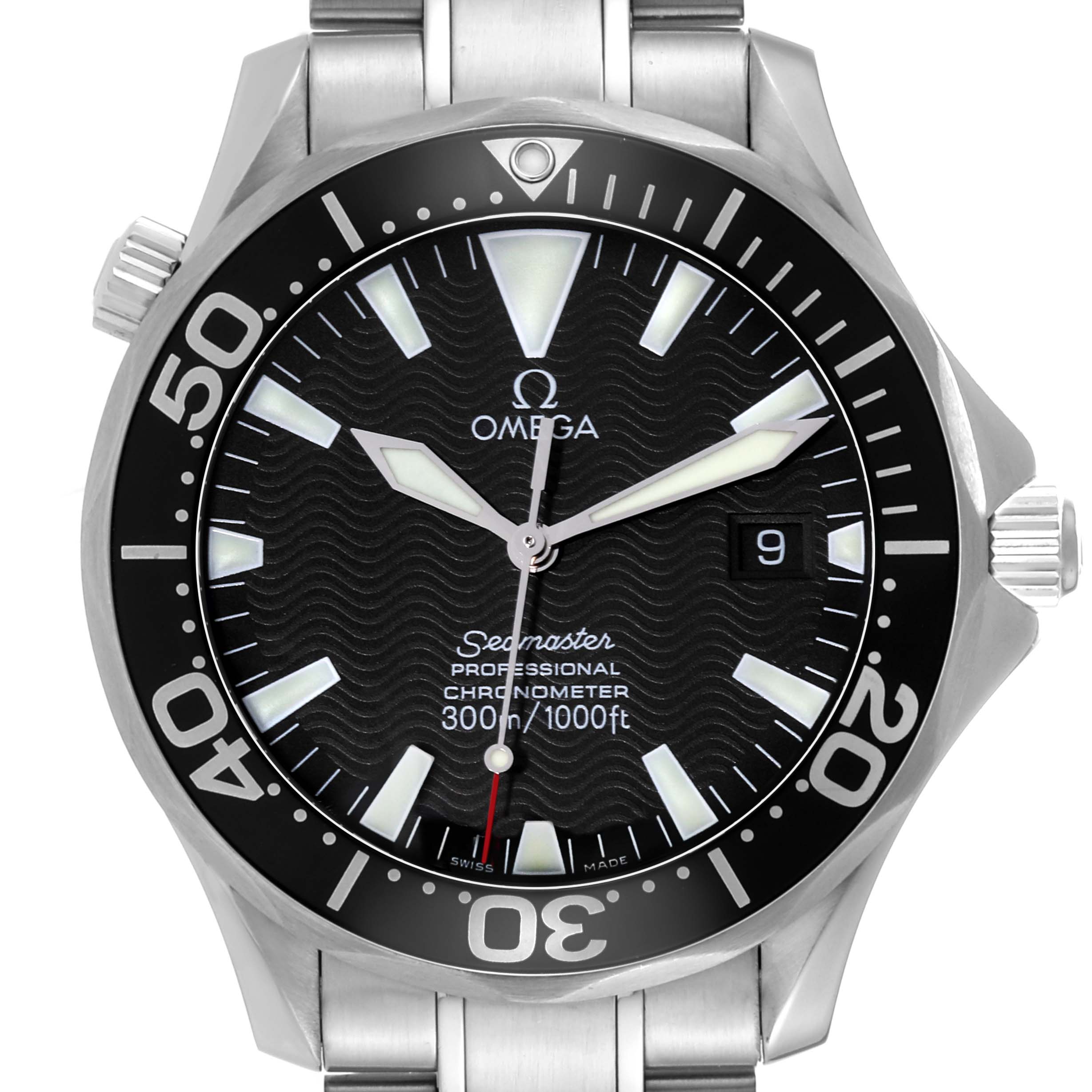 The image shows a front view of an Omega Seamaster 2254.50.00 Men
s Stainless Steel Black Dial 2254.50.00 Men
s Stainless Steel Black Dial watch, highlighting its face, bezel, and part of the bracelet.
