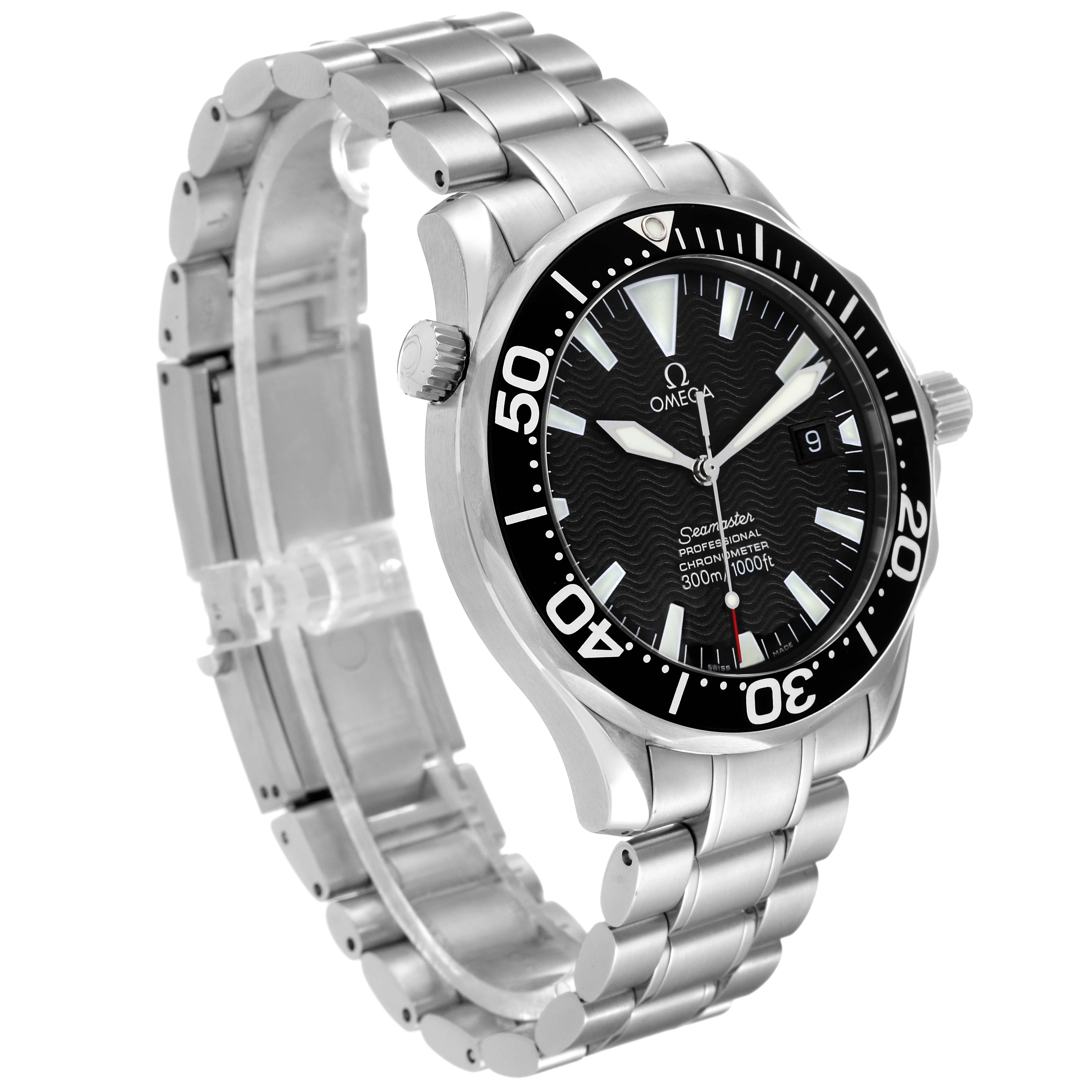 The image shows an Omega Seamaster 2254.50.00 Men
s Stainless Steel Black Dial 2254.50.00 Men
s Stainless Steel Black Dial watch at a three-quarter angle, highlighting the bezel, dial, hands, bracelet, and crown.