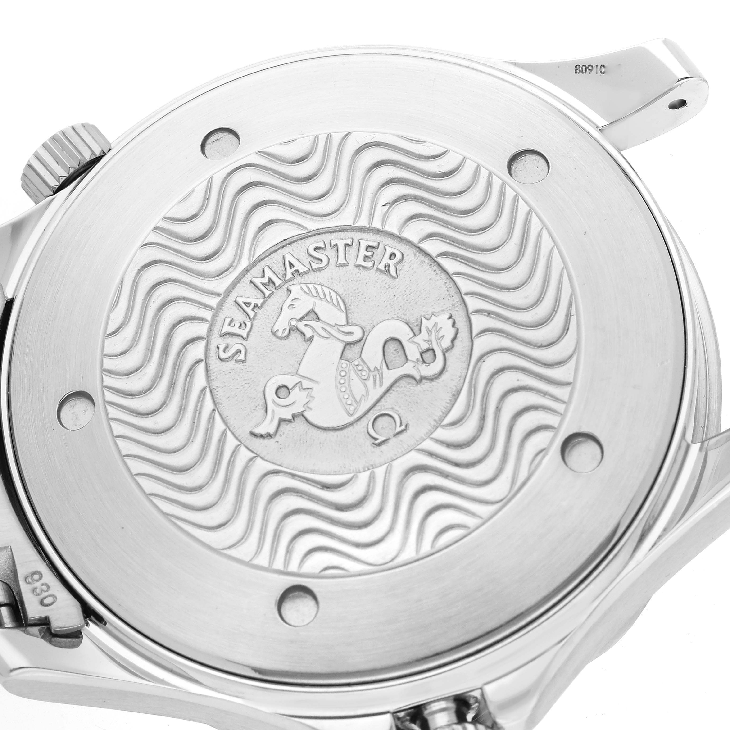 The image shows the case back of the Omega Seamaster 2254.50.00 Men
s Stainless Steel Black Dial 2254.50.00 Men
s Stainless Steel Black Dial watch, highlighting the engraved logo and wave pattern.