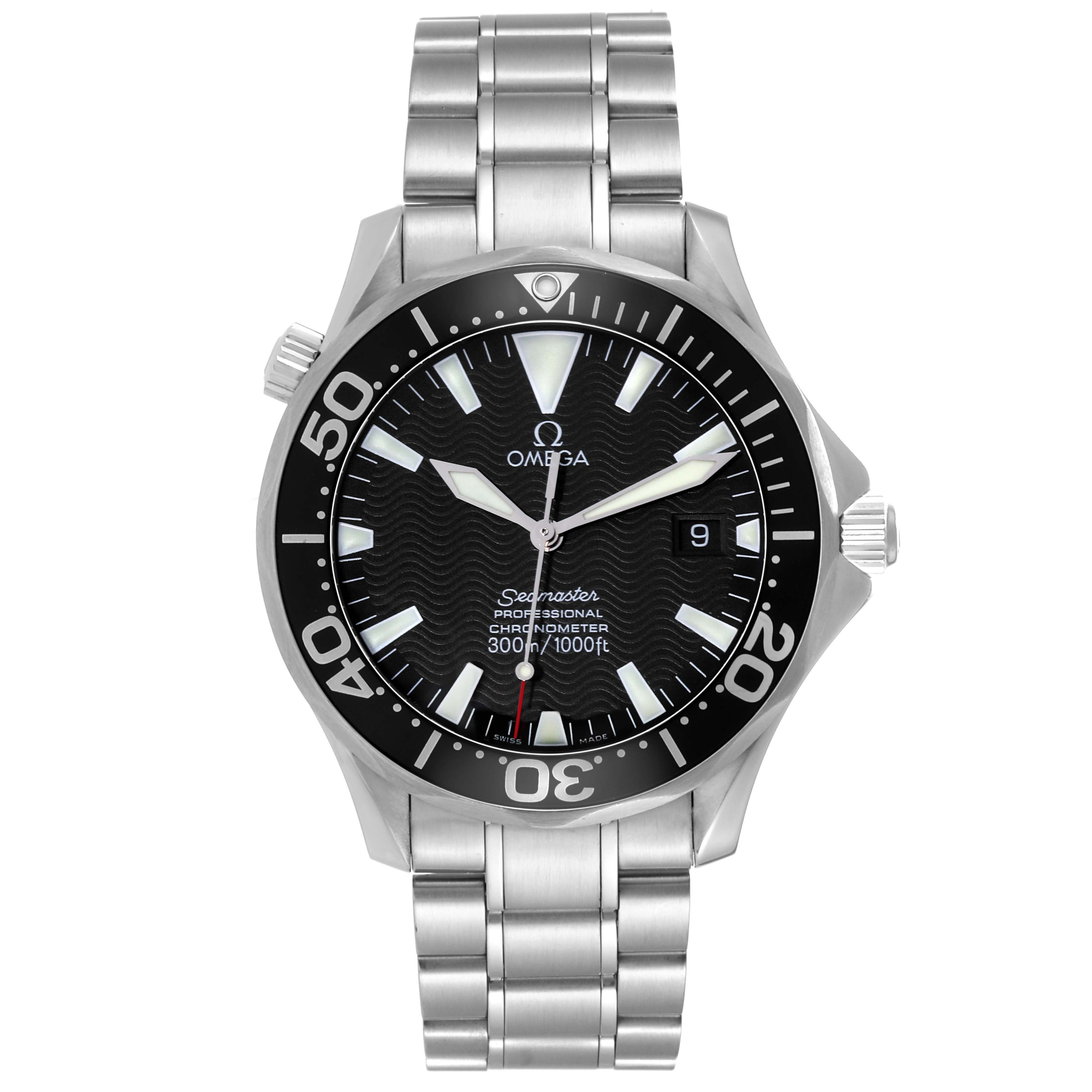 This Omega Seamaster 2254.50.00 Men
s Stainless Steel Black Dial 2254.50.00 Men
s Stainless Steel Black Dial watch is shown from a front angle, displaying the face, bezel, and bracelet.
