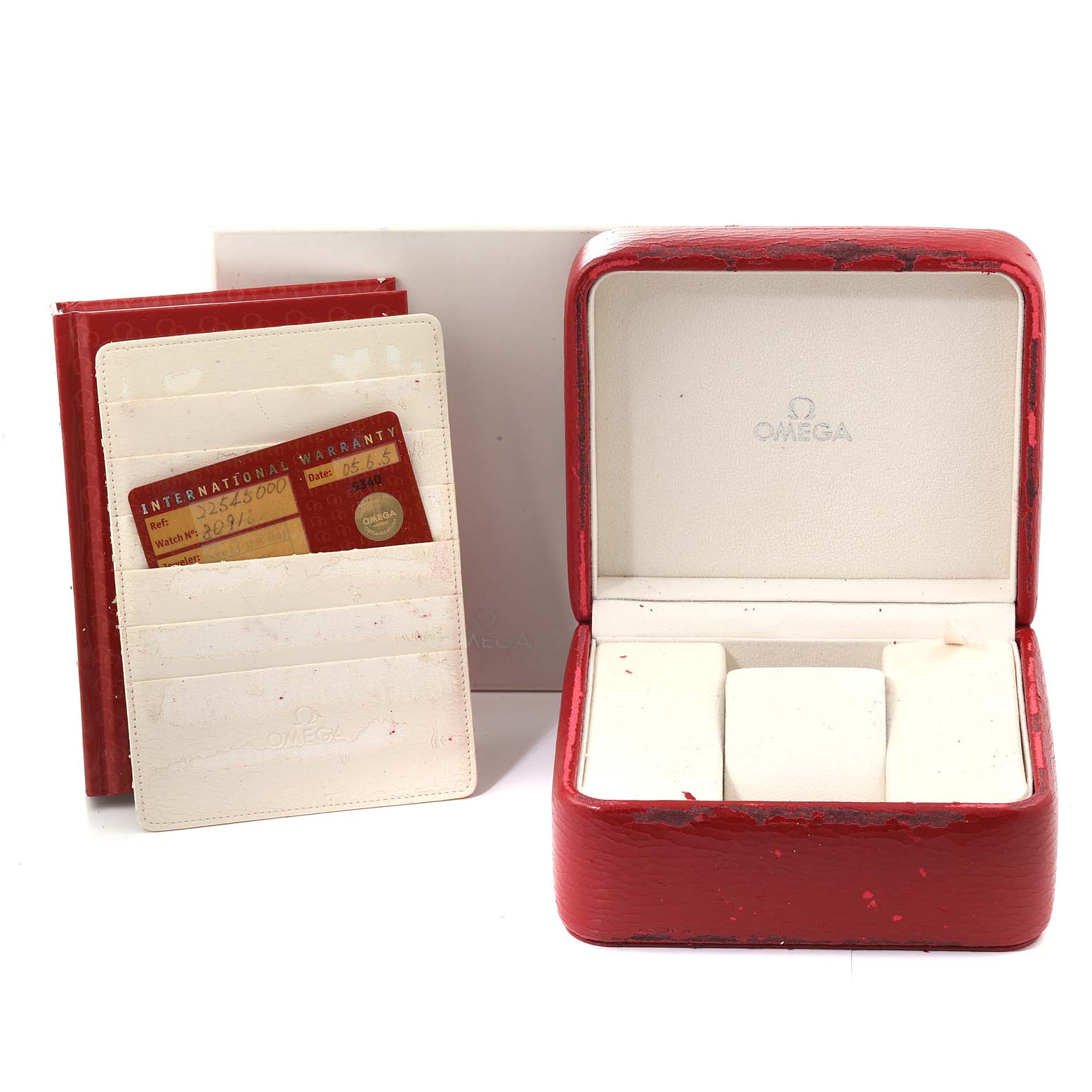 The image shows an Omega Seamaster 2254.50.00 Men
s Stainless Steel Black Dial 2254.50.00 Men
s Stainless Steel Black Dial watch box, warranty card, cardholder, and outer packaging.