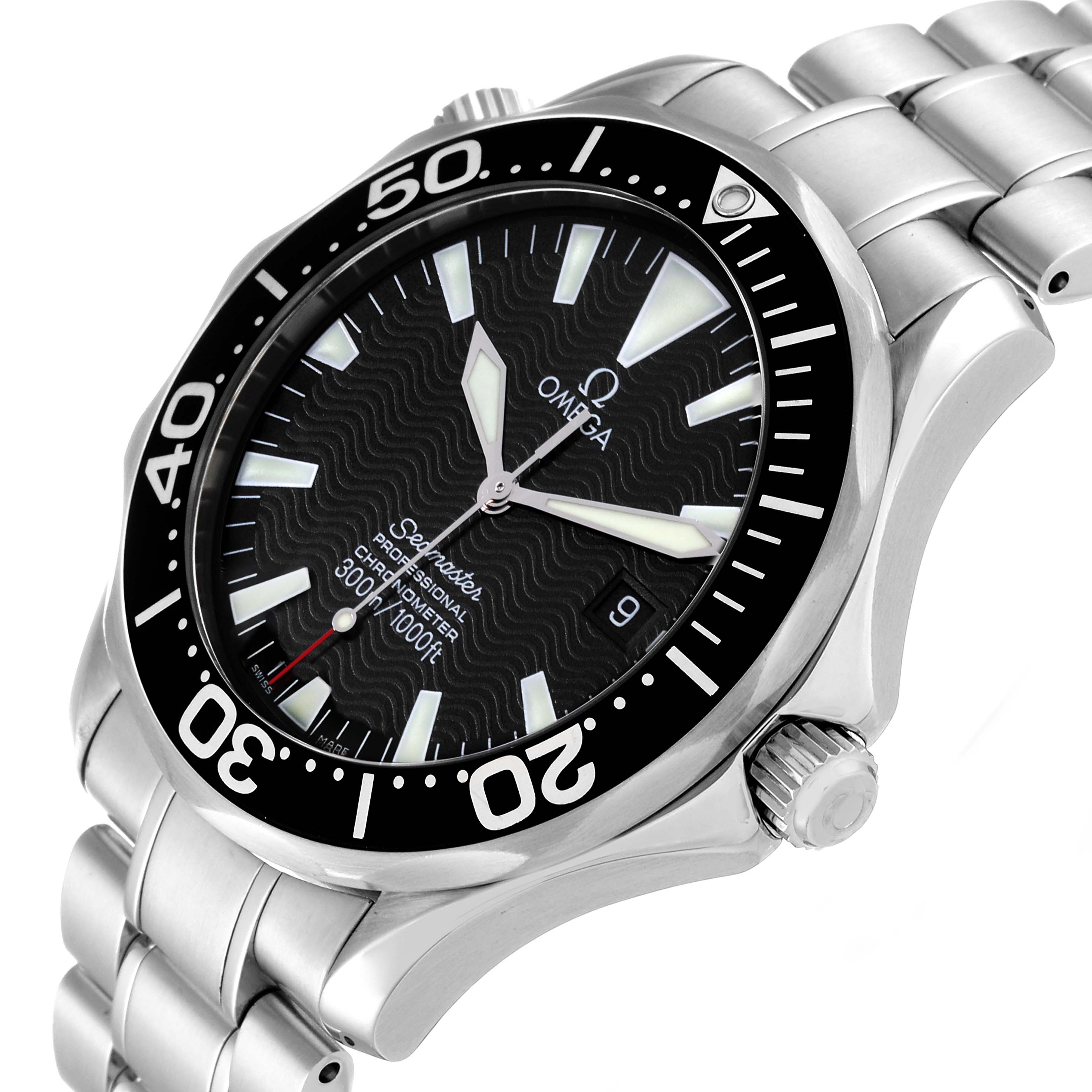 This Omega Seamaster 2254.50.00 Men
s Stainless Steel Black Dial 2254.50.00 Men
s Stainless Steel Black Dial watch is shown at a slight angle, displaying the face, bezel, crown, and metal bracelet.