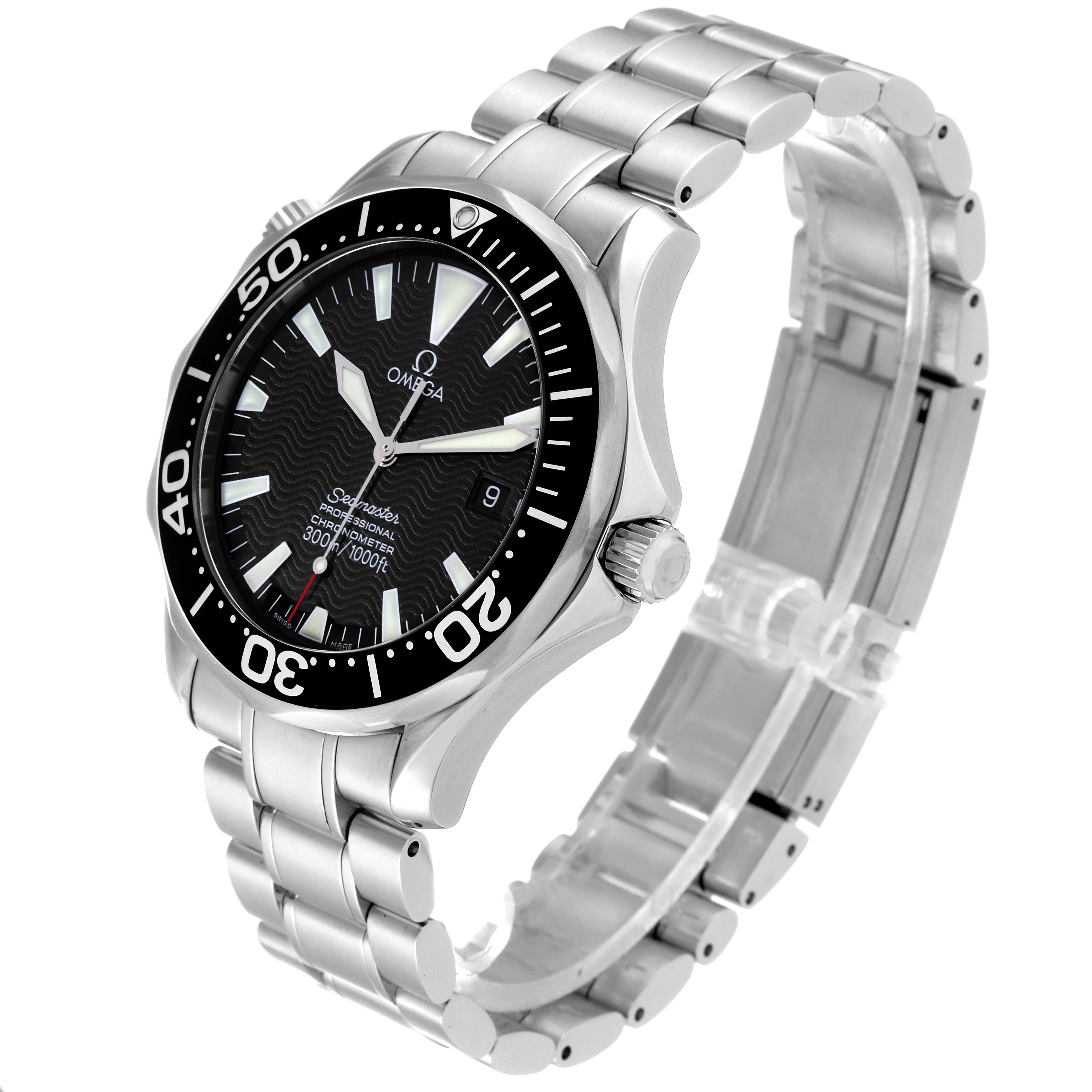 The image shows an angled view of an Omega Seamaster 2254.50.00 Men
s Stainless Steel Black Dial 2254.50.00 Men
s Stainless Steel Black Dial watch displaying the dial, bezel, crown, and stainless steel bracelet.