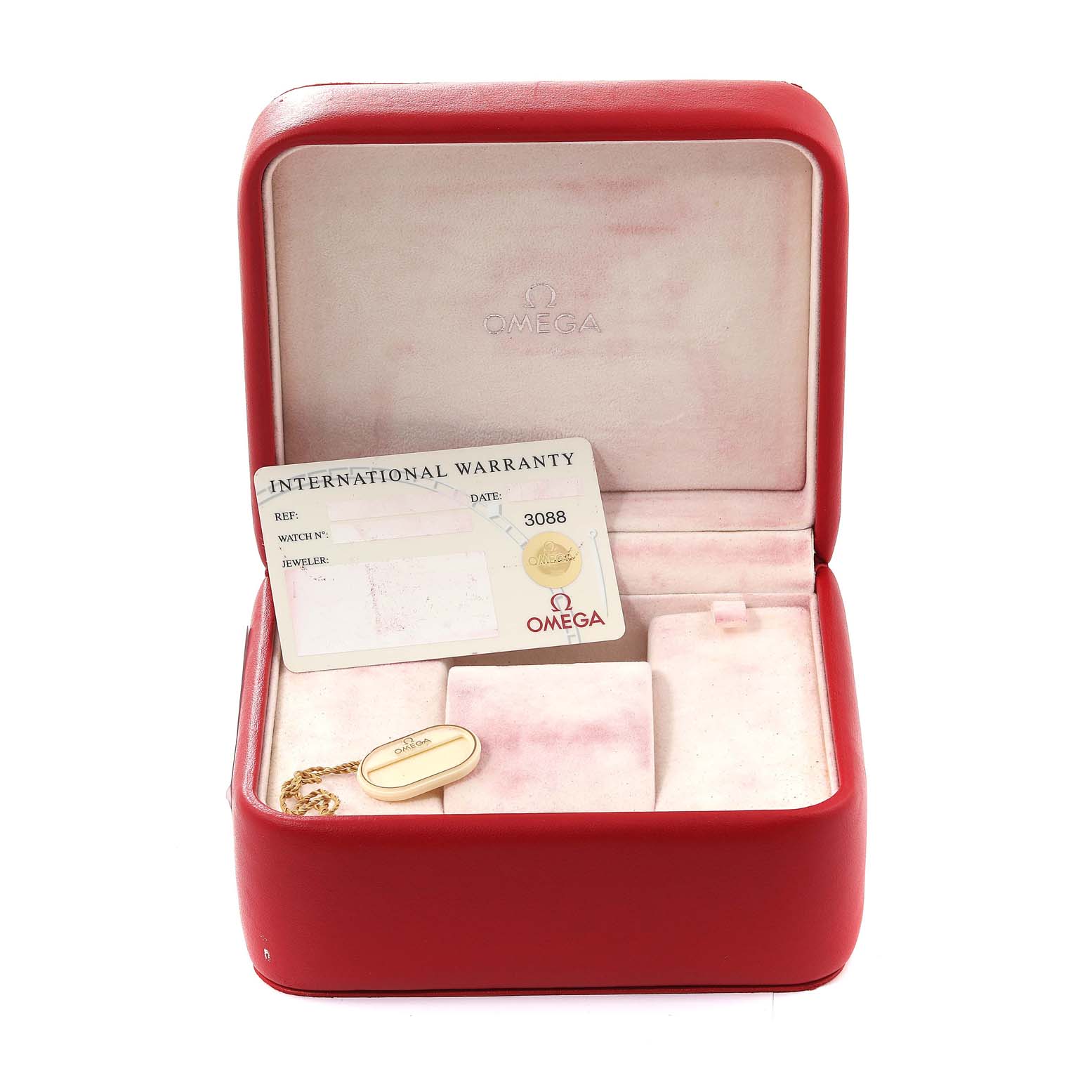 The image shows the open red box for an Omega Seamaster 2561.80.00 Men
s Stainless Steel Blue Dial 2561.80.00 Men
s Stainless Steel Blue Dial watch, a warranty card, and a tag with a chain.