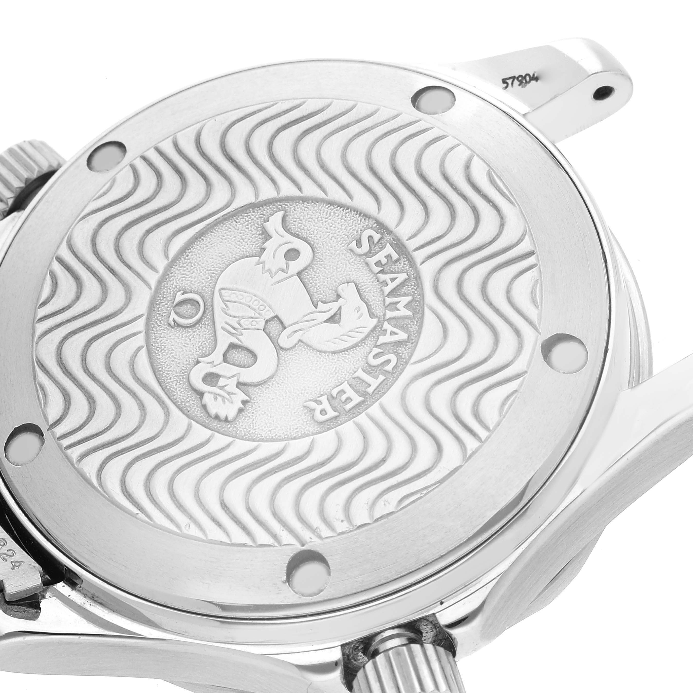 The image shows the back case and crown of the Omega Seamaster 2561.80.00 Men
s Stainless Steel Blue Dial 2561.80.00 Men
s Stainless Steel Blue Dial watch model.