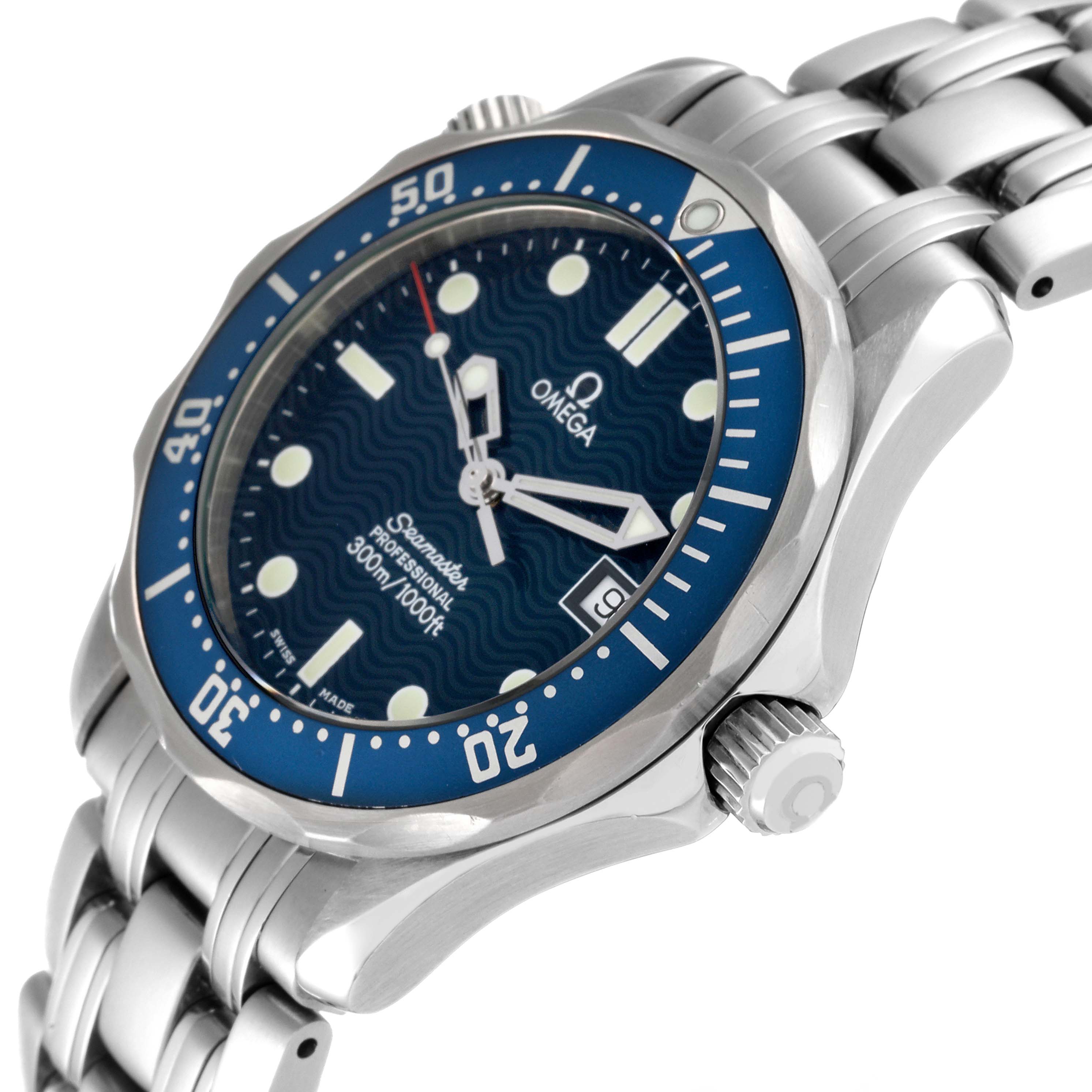 The Omega Seamaster 2561.80.00 Men
s Stainless Steel Blue Dial 2561.80.00 Men
s Stainless Steel Blue Dial watch is shown at an angled close-up, highlighting the dial, bezel, crown, and part of the bracelet.