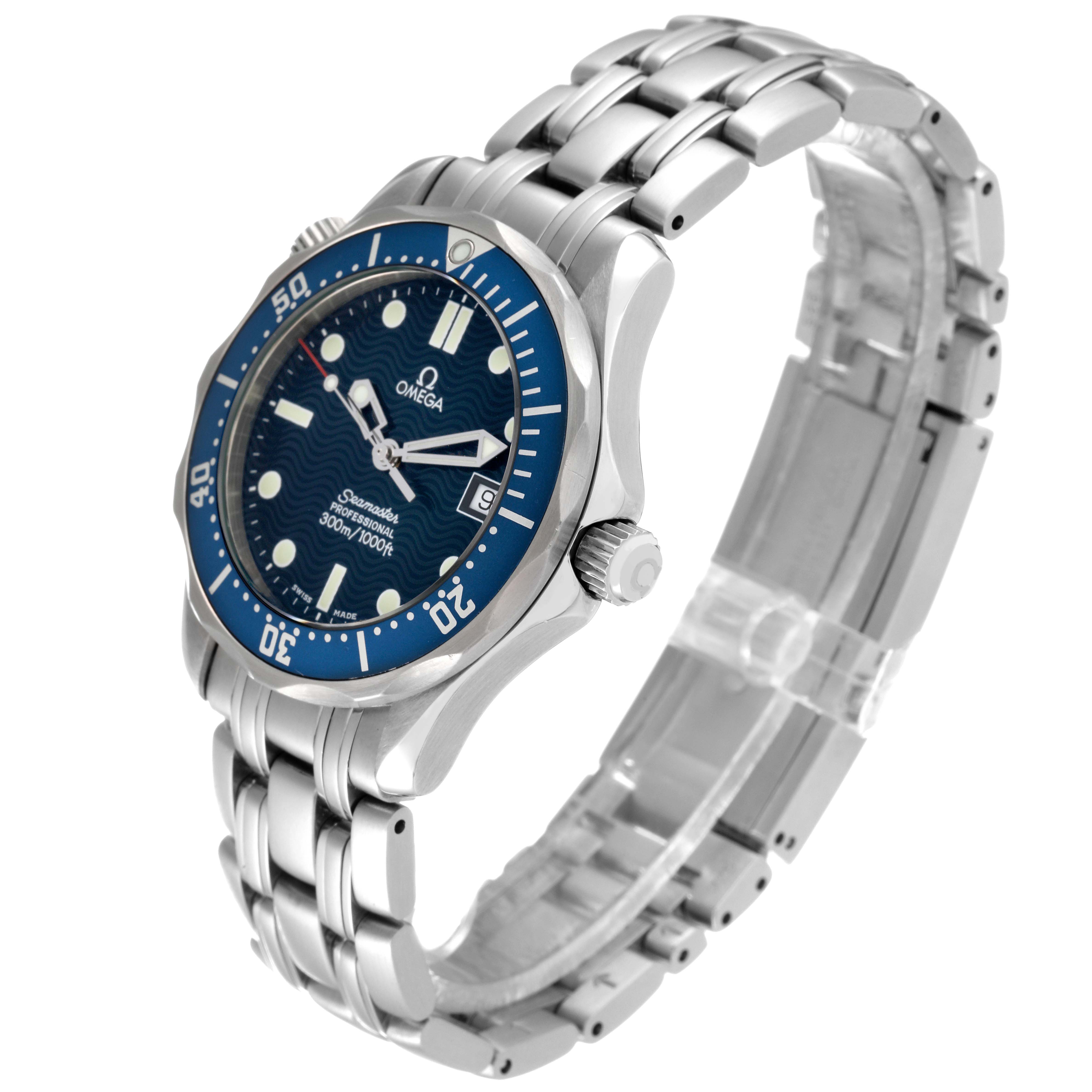 This Omega Seamaster 2561.80.00 Men
s Stainless Steel Blue Dial 2561.80.00 Men
s Stainless Steel Blue Dial watch is shown at a three-quarter angle, displaying its face, bezel, crown, and bracelet.