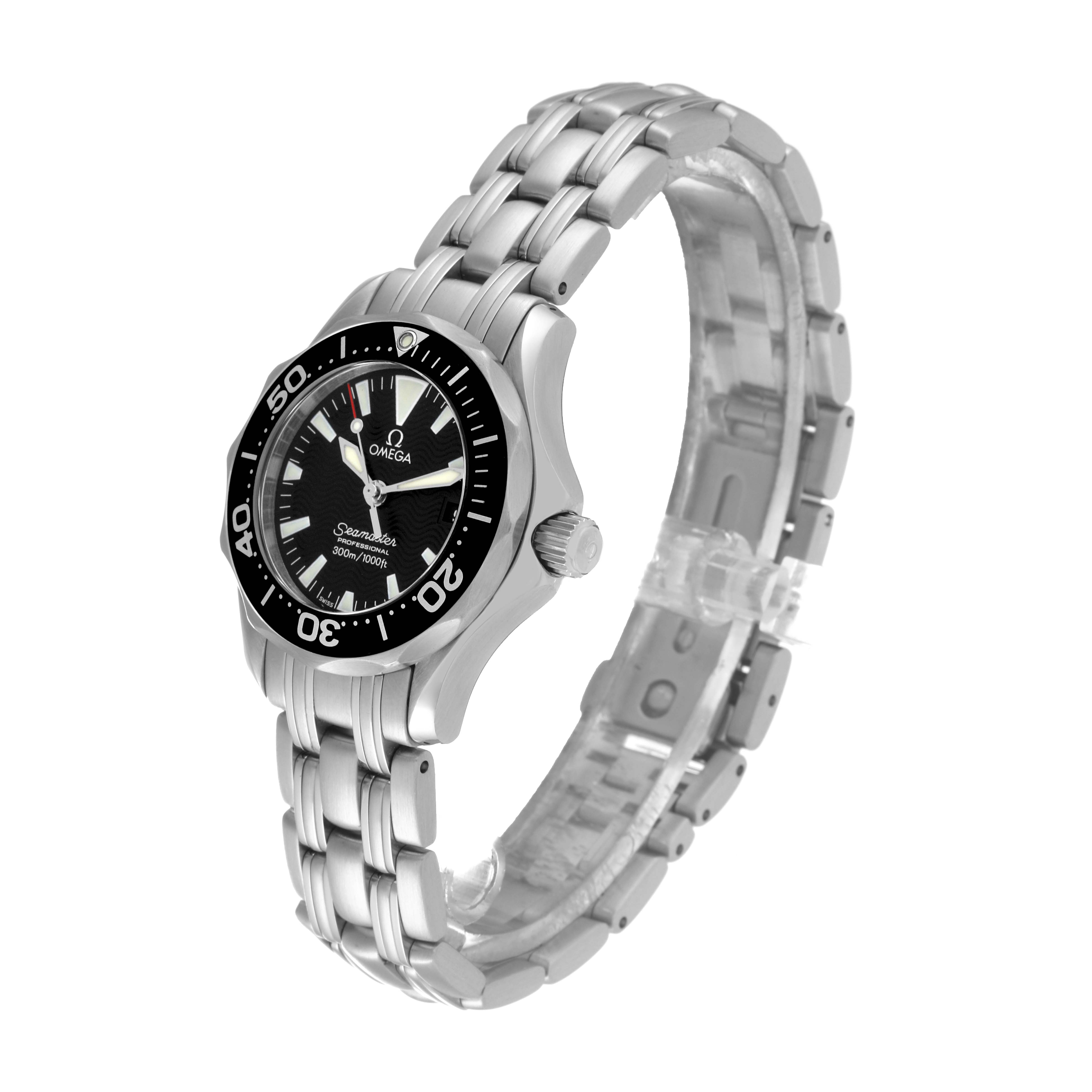 The Omega 2282.50.00 Women's Stainless Steel Black Dial 2282.50.00 Women's Stainless Steel Black Dial Seamaster Diver 300M Quartz 28mm Steel Ladies Watch 2282.50.00 is shown at a three-quarter angle featuring its bezel, dial, and bracelet.