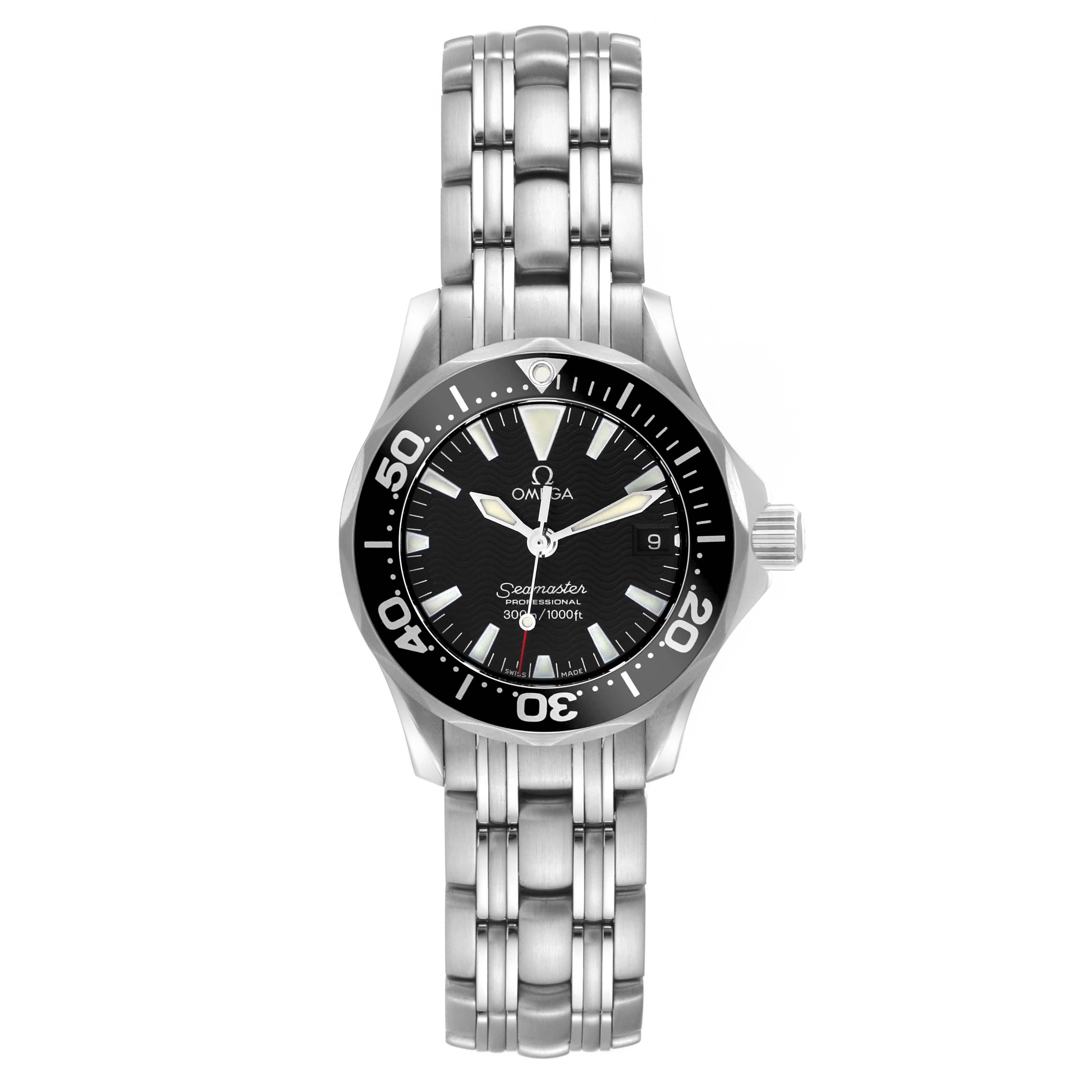 The Omega 2282.50.00 Women's Stainless Steel Black Dial 2282.50.00 Women's Stainless Steel Black Dial Seamaster Diver 300M Quartz 28mm Steel Ladies Watch 2282.50.00 is shown from a straight-on angle, displaying its face and bracelet.