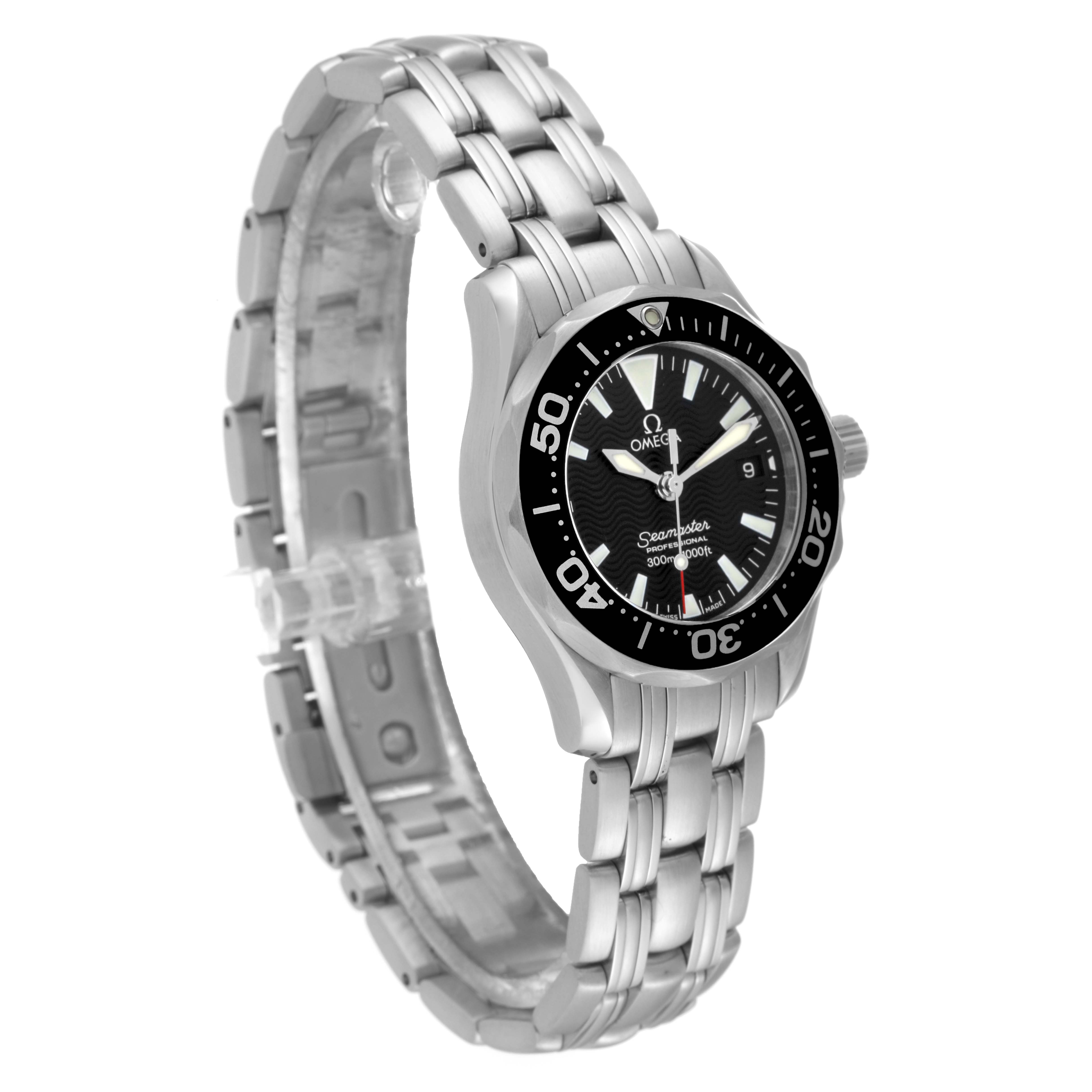 The image shows a side angle of the Omega 2282.50.00 Women's Stainless Steel Black Dial 2282.50.00 Women's Stainless Steel Black Dial Seamaster Diver 300M Quartz 28mm Steel Ladies Watch 2282.50.00, highlighting the watch face and bracelet.