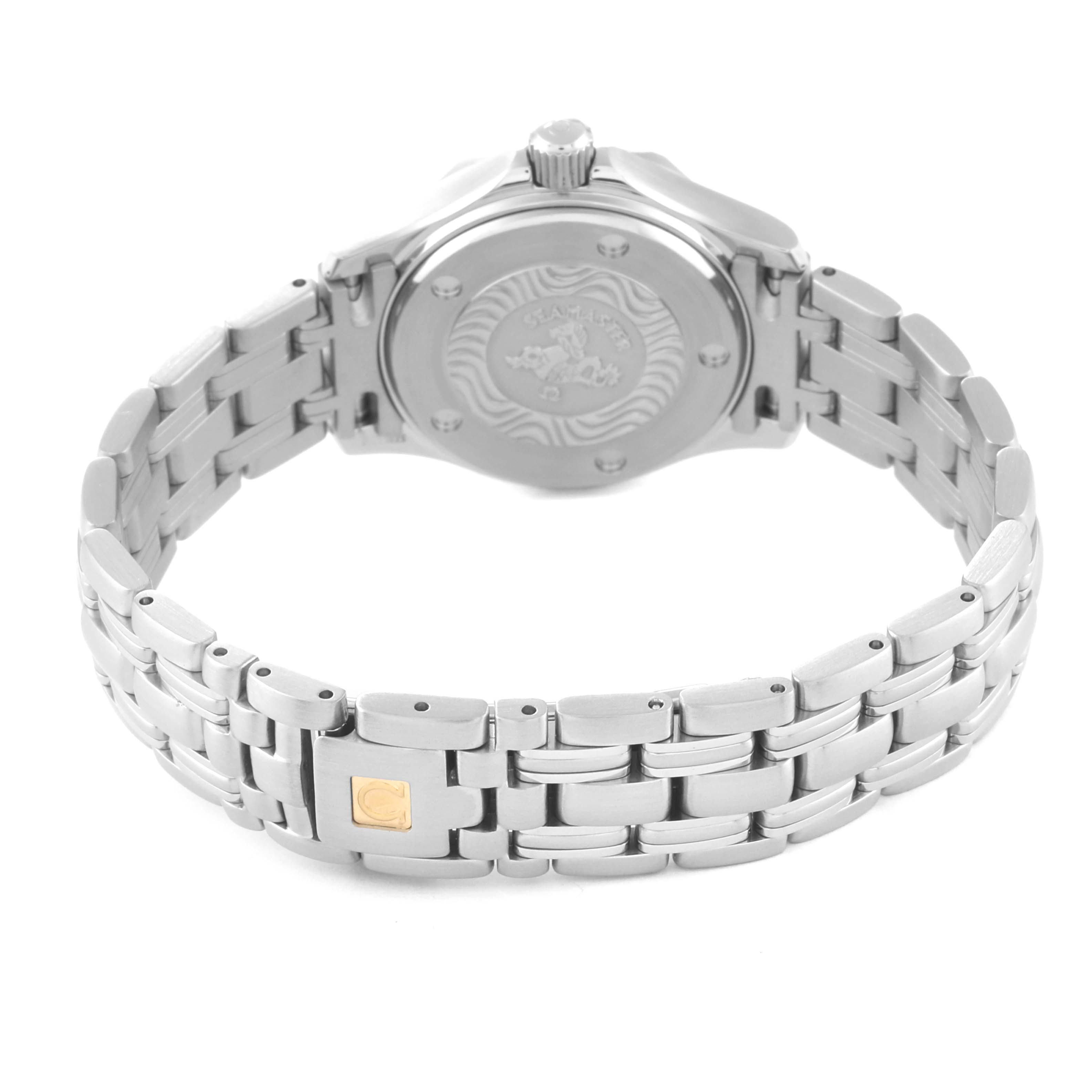 This image shows the back and band of the Omega 2282.50.00 Women's Stainless Steel Black Dial 2282.50.00 Women's Stainless Steel Black Dial Seamaster Diver 300M Quartz 28mm Steel Ladies Watch model 2282.50.00.