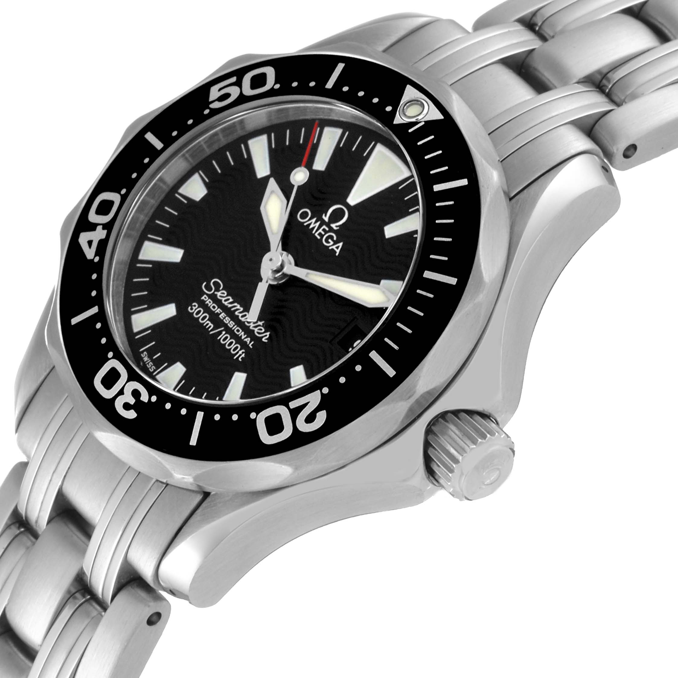 The image shows a close-up angle of the Omega 2282.50.00 Women's Stainless Steel Black Dial 2282.50.00 Women's Stainless Steel Black Dial Seamaster Diver 300M Quartz 28mm Steel Ladies Watch 2282.50.00, highlighting the face, bezel, and part of the bracelet.