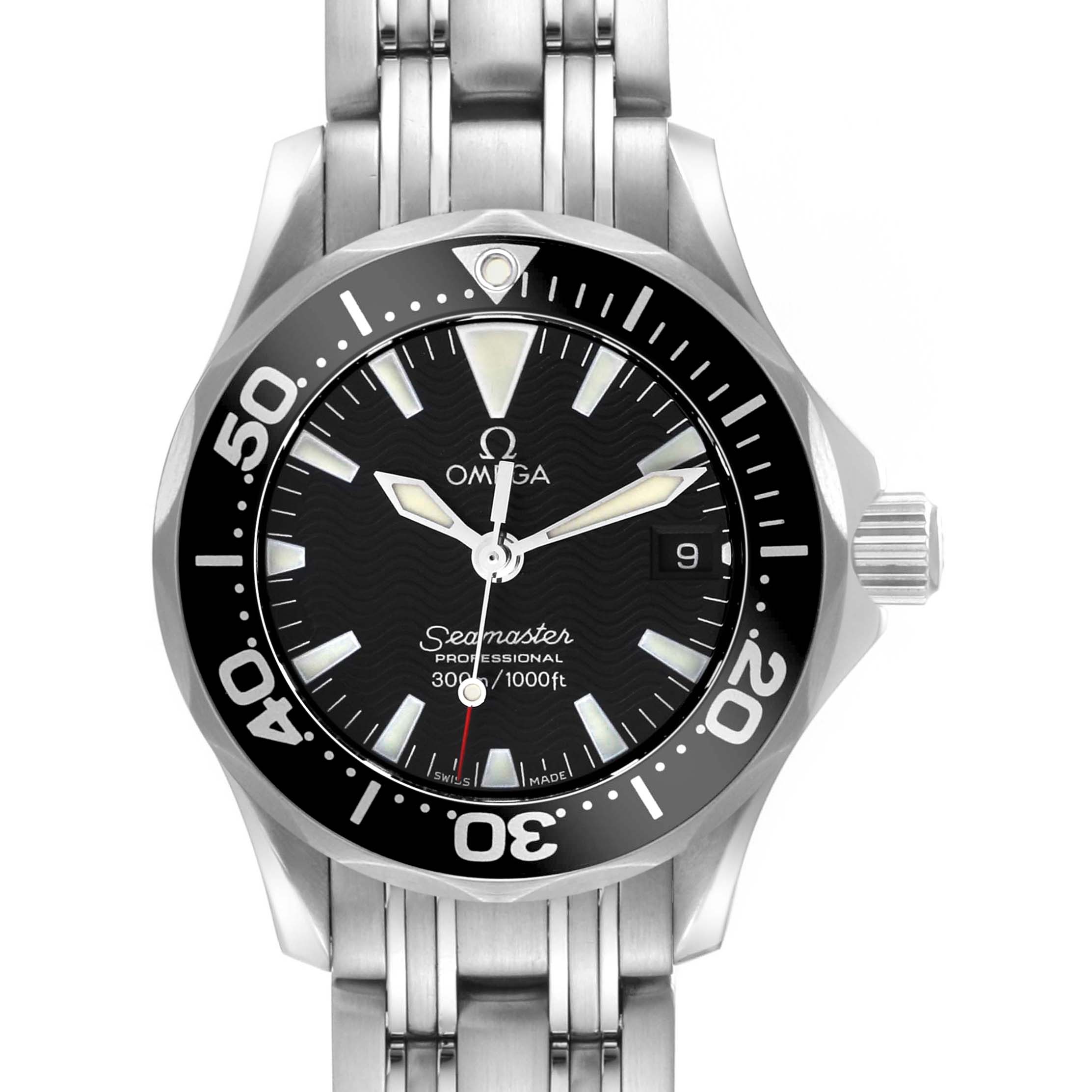 The Omega 2282.50.00 Women's Stainless Steel Black Dial 2282.50.00 Women's Stainless Steel Black Dial Seamaster Diver 300M Quartz 28mm Steel Ladies Watch 2282.50.00 is shown from the front, displaying its face, bezel, and part of the bracelet.