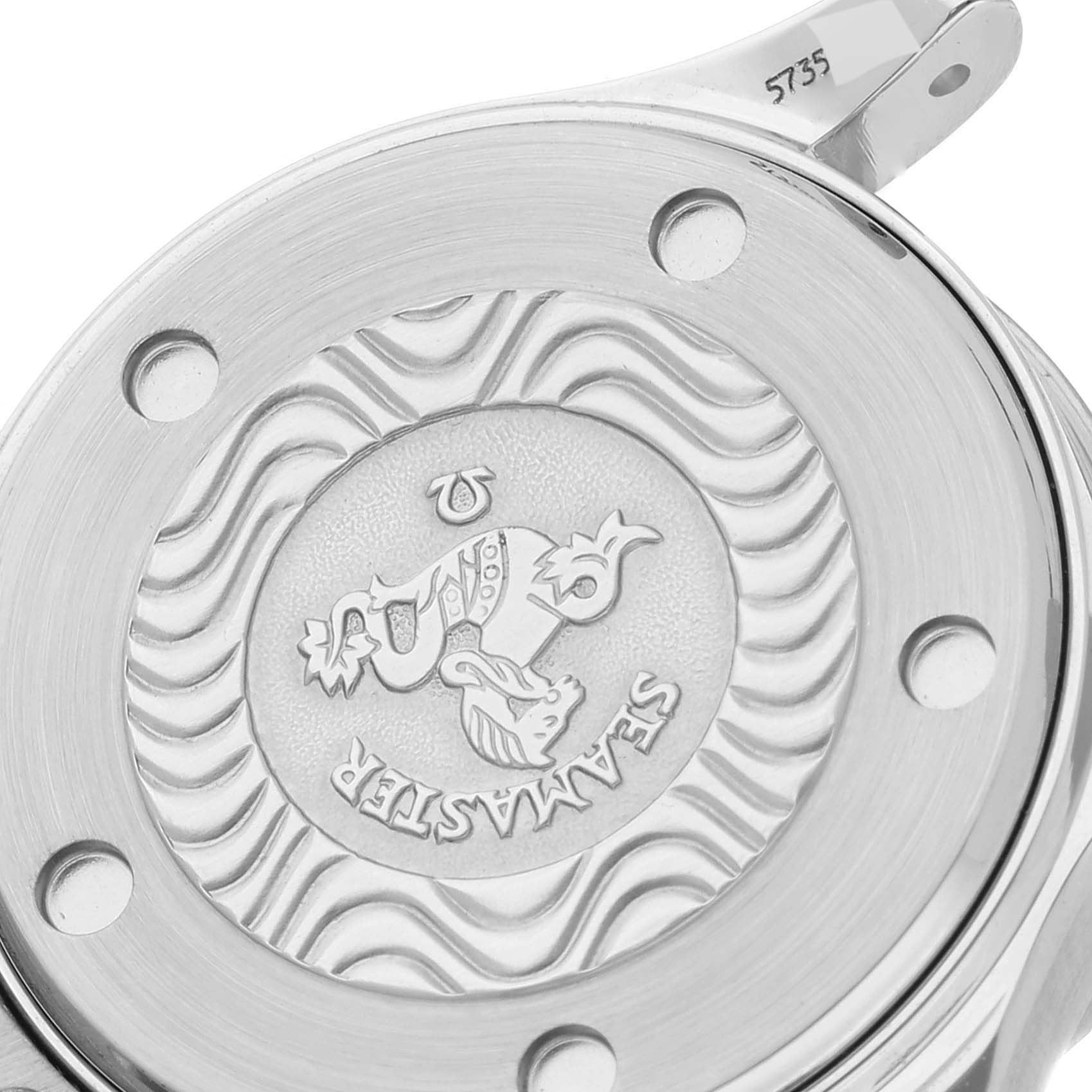 This image shows the case back of the Omega 2282.50.00 Women's Stainless Steel Black Dial 2282.50.00 Women's Stainless Steel Black Dial Seamaster Diver 300M Quartz 28mm Steel Ladies Watch 2282.50.00.