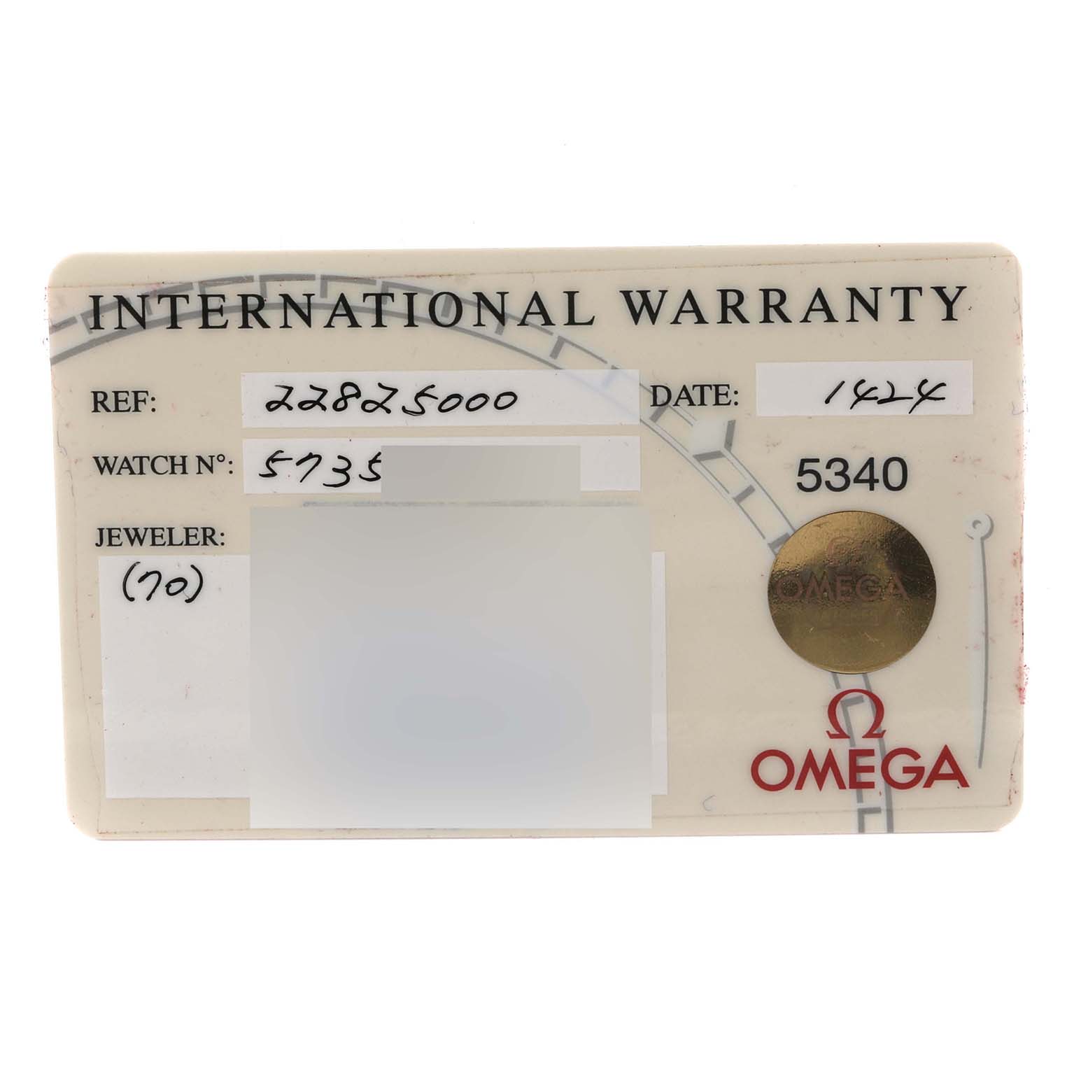 This is an International Warranty card for the Omega 2282.50.00 Women's Stainless Steel Black Dial 2282.50.00 Women's Stainless Steel Black Dial Seamaster Diver 300M Quartz 28mm Steel Ladies Watch, model 2282.50.00.