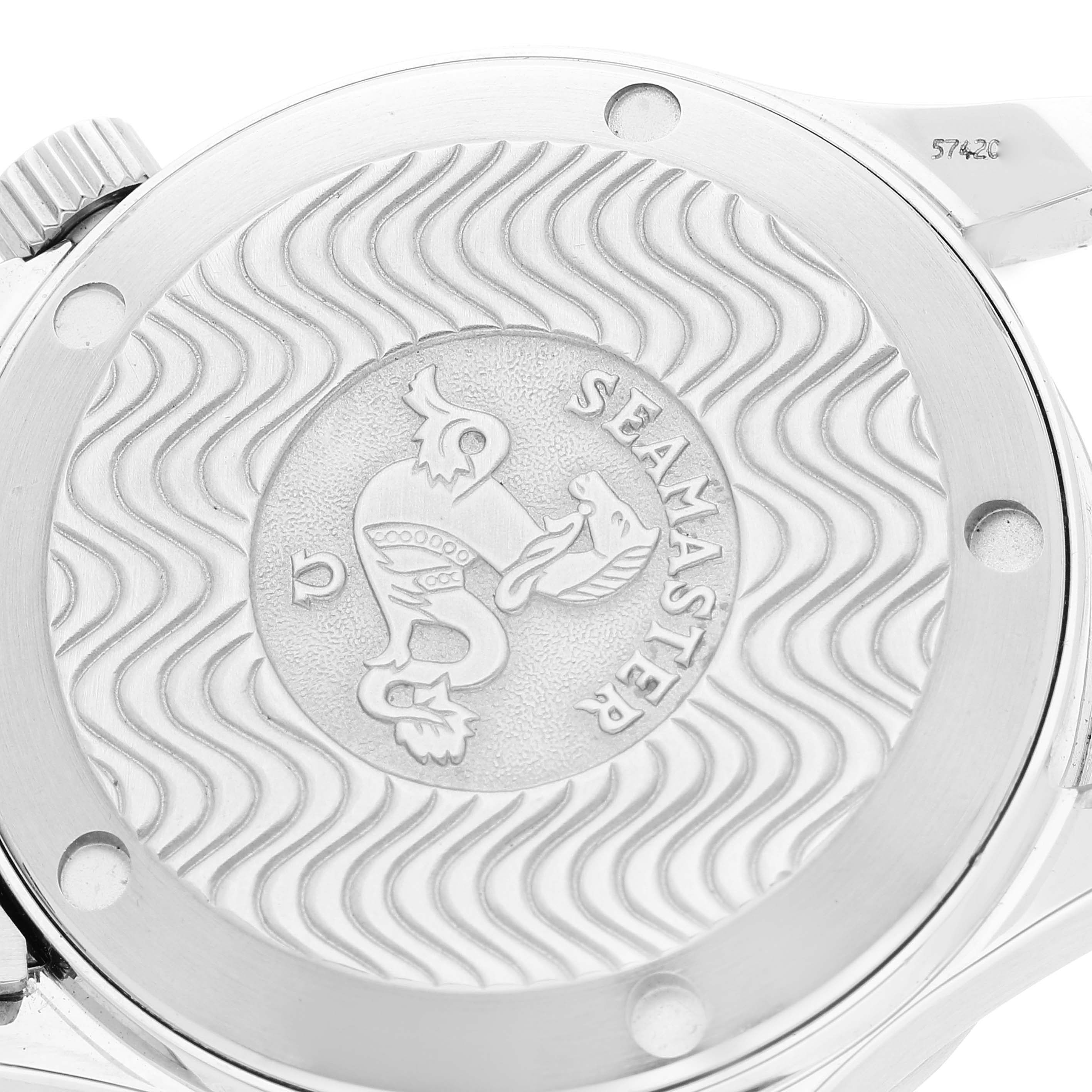 The image shows the back view of an Omega Seamaster 2262.50.00 Men's Stainless Steel Black Dial 2262.50.00 Men's Stainless Steel Black Dial watch, highlighting its engraved case back and logo.