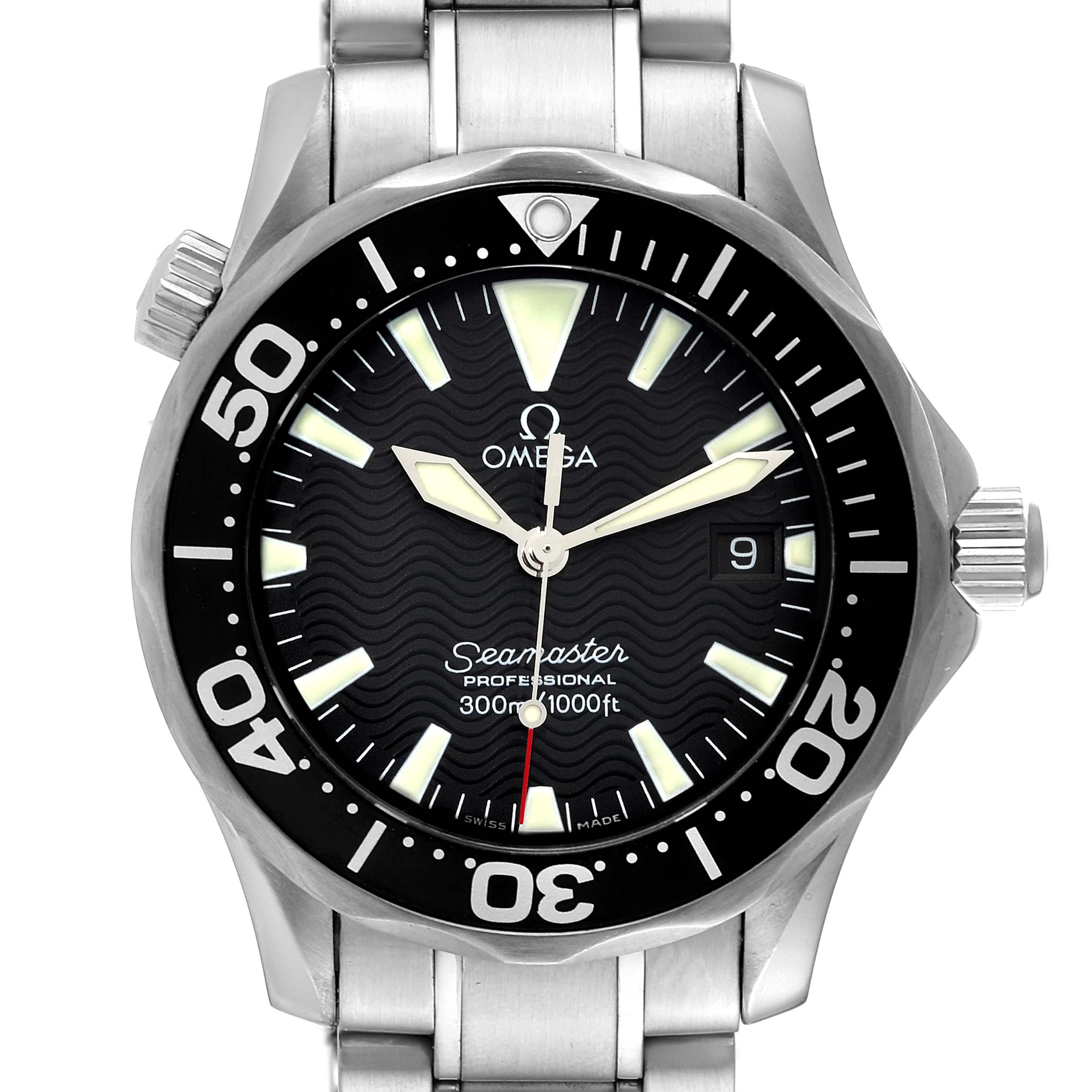 The image shows a front view of the Omega Seamaster 2262.50.00 Men's Stainless Steel Black Dial 2262.50.00 Men's Stainless Steel Black Dial watch, highlighting its dial, bezel, and part of its stainless steel bracelet.