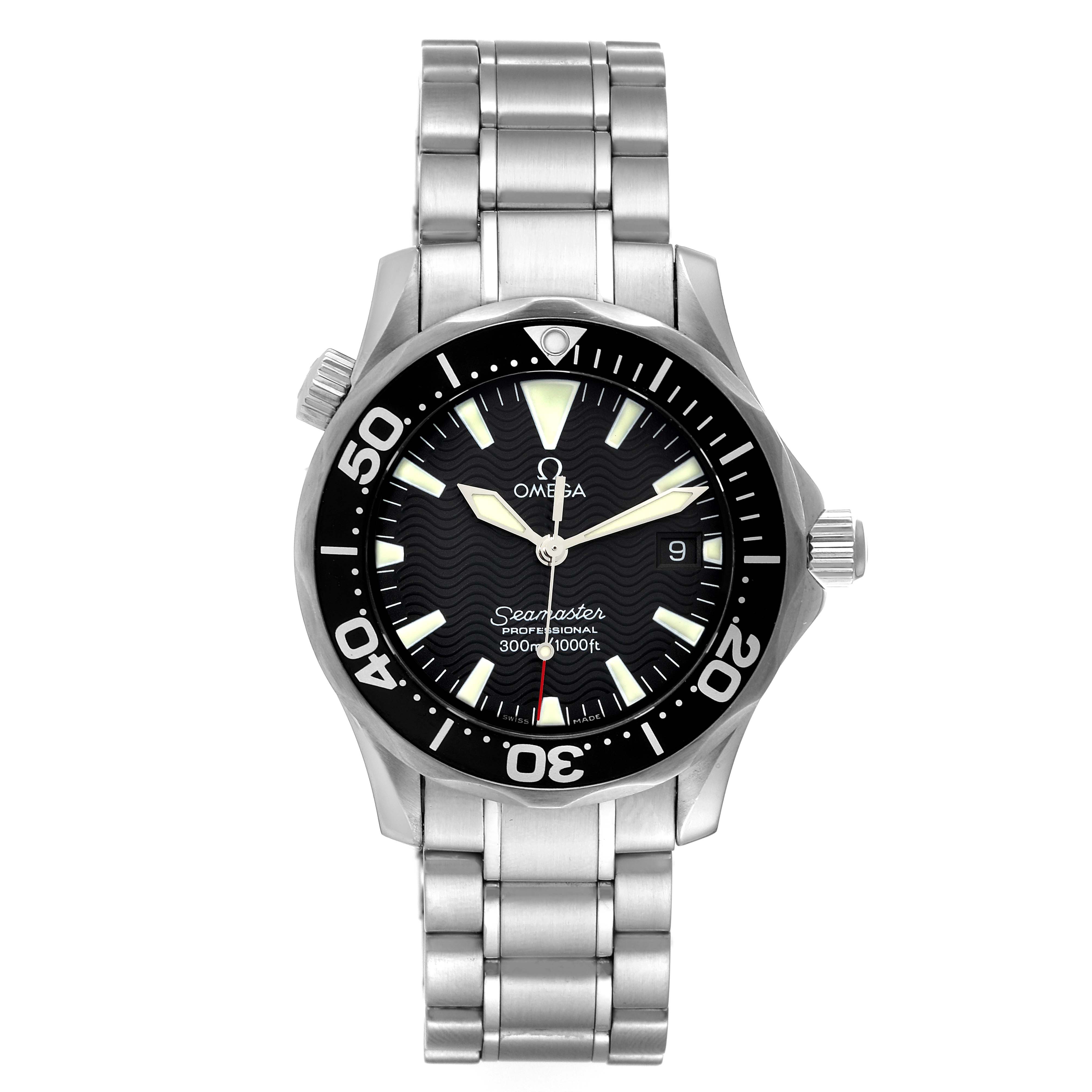 The image shows a front view of the Omega Seamaster 2262.50.00 Men's Stainless Steel Black Dial 2262.50.00 Men's Stainless Steel Black Dial watch, showcasing the dial, bezel, and stainless steel bracelet.
