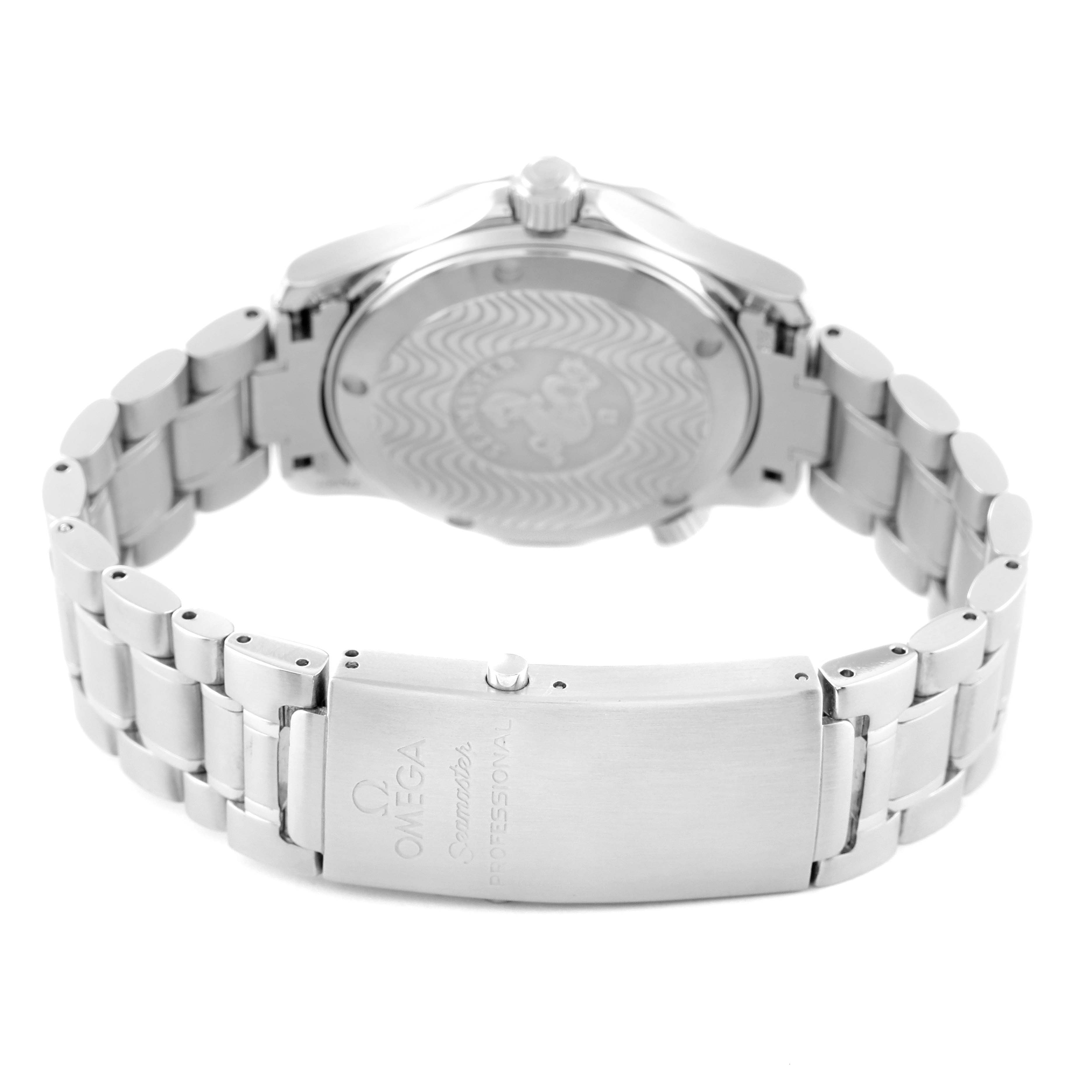 This image shows the back case and bracelet of the Omega Seamaster 2262.50.00 Men's Stainless Steel Black Dial 2262.50.00 Men's Stainless Steel Black Dial watch, including the clasp with engraved text.