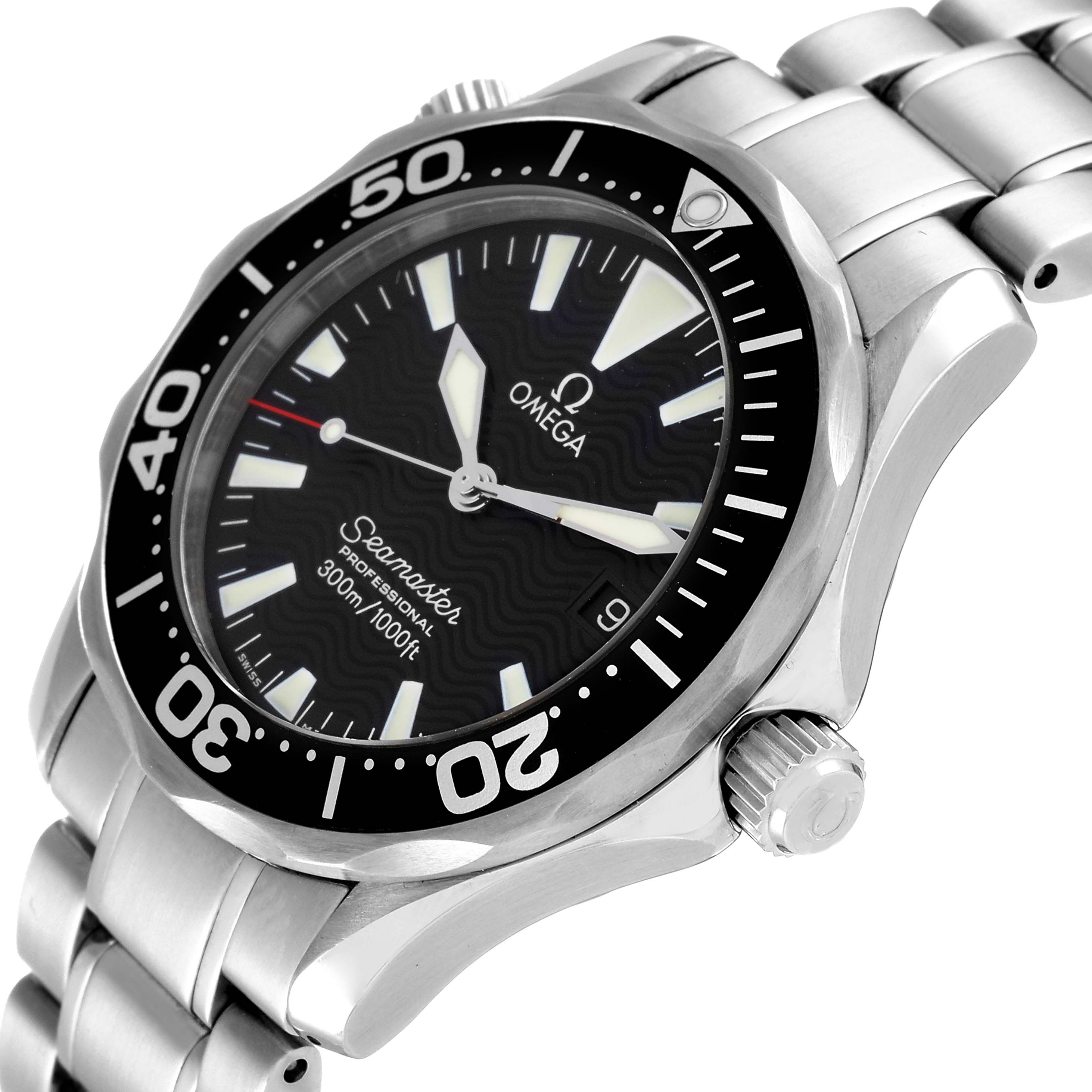 The image shows an angled side view of the Omega Seamaster 2262.50.00 Men's Stainless Steel Black Dial 2262.50.00 Men's Stainless Steel Black Dial watch, highlighting its face, bezel, crown, and metal strap.