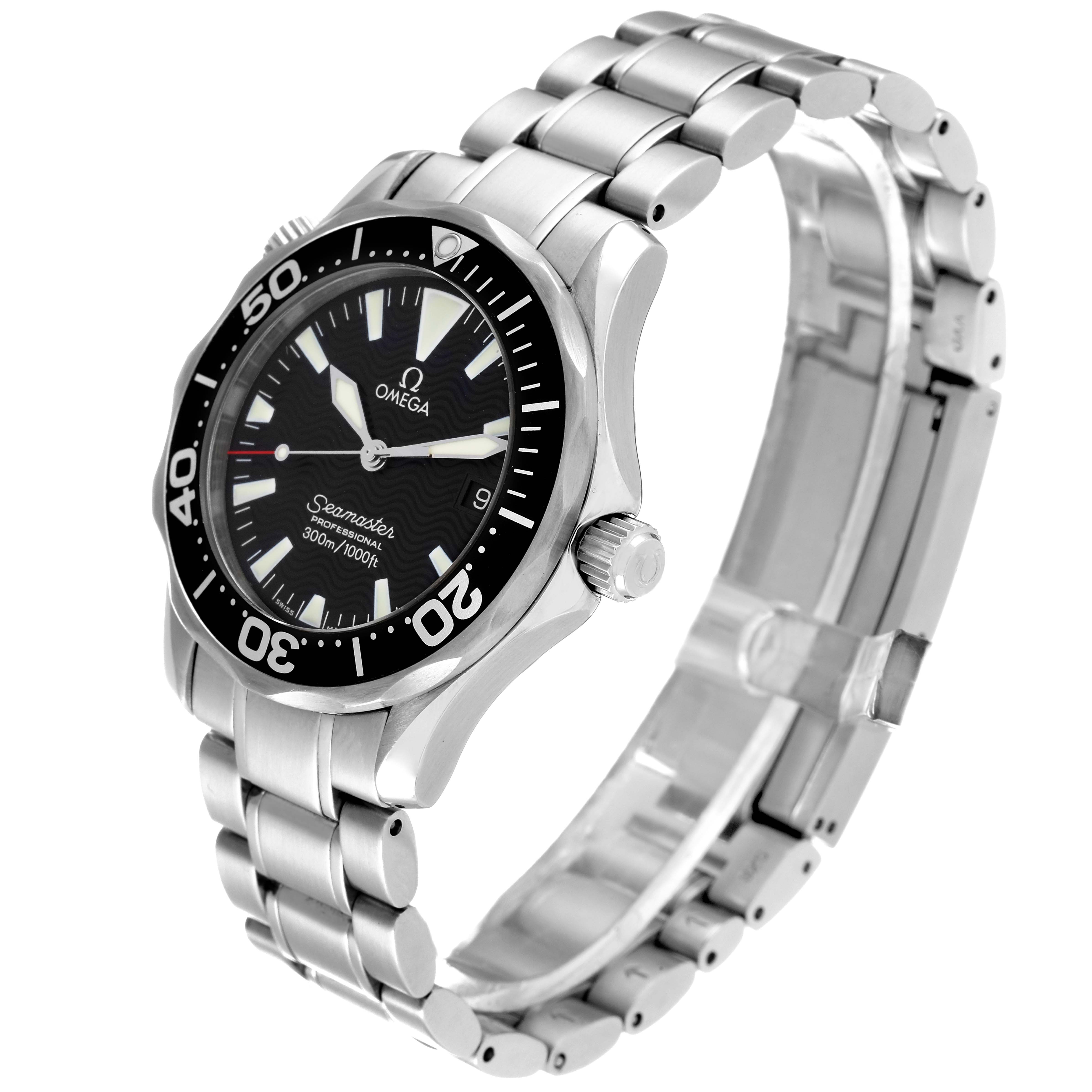 The image shows an Omega Seamaster 2262.50.00 Men's Stainless Steel Black Dial 2262.50.00 Men's Stainless Steel Black Dial watch at a three-quarter angle, highlighting its black dial, bezel, and stainless steel bracelet.