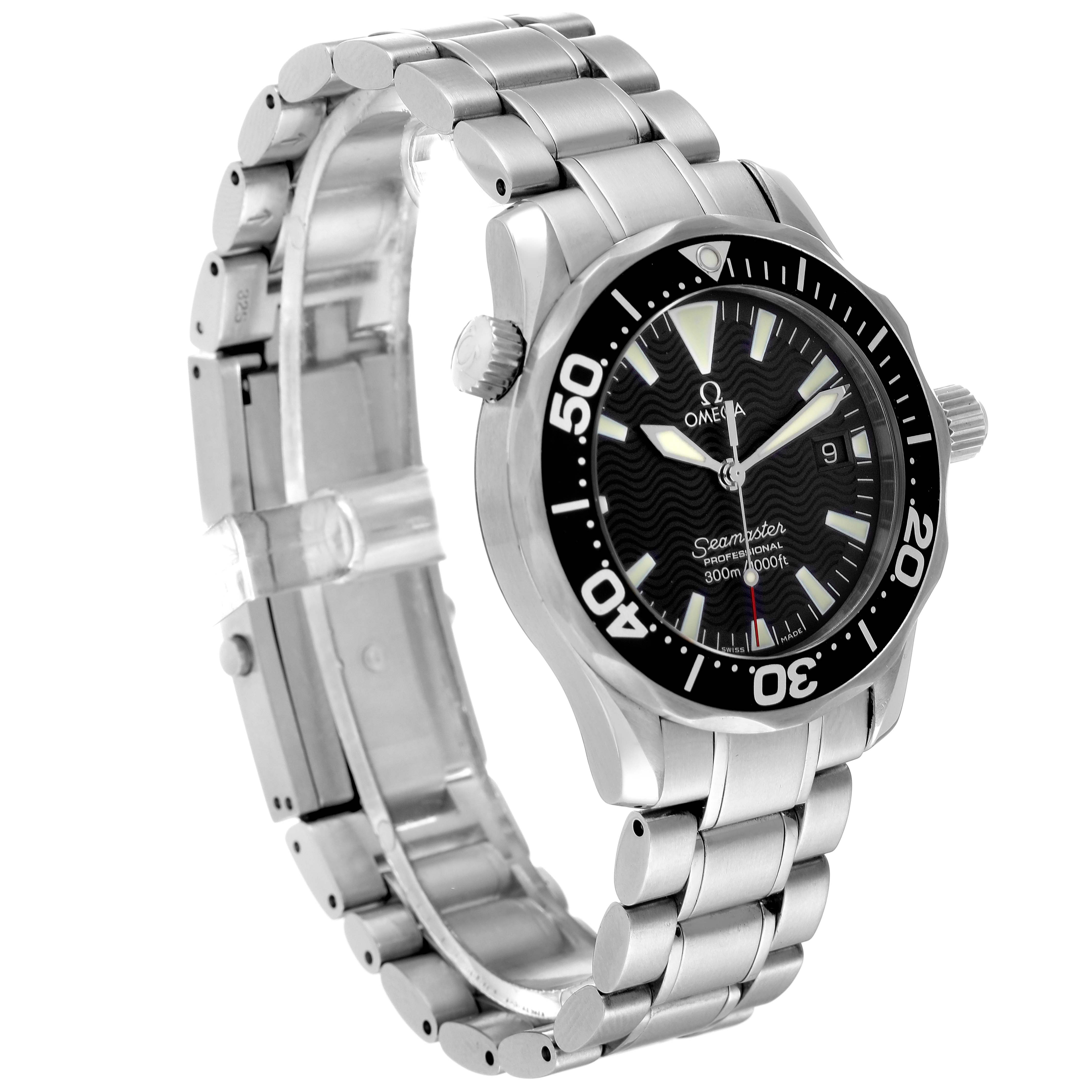 The Omega Seamaster 2262.50.00 Men's Stainless Steel Black Dial 2262.50.00 Men's Stainless Steel Black Dial watch is shown in an angled view highlighting the face, bezel, crown, and stainless steel bracelet.