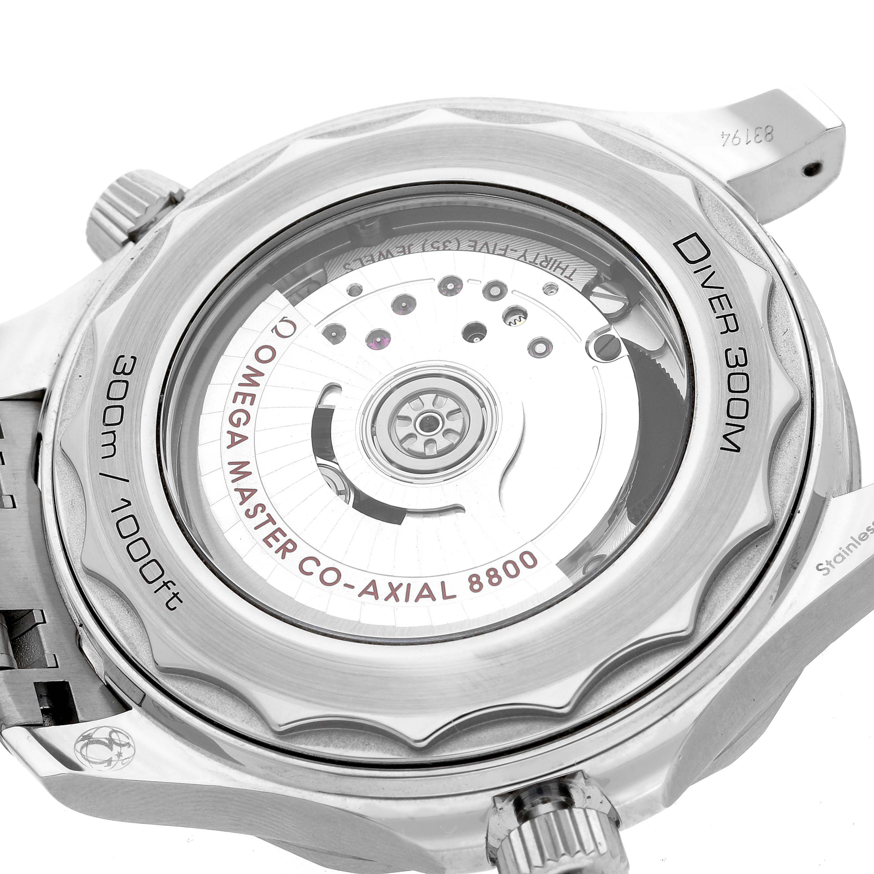 This image shows the back view of the Omega Seamaster 210.30.42.20.01.001 Men
s Stainless Steel Black Dial 210.30.42.20.01.001 Men
s Stainless Steel Black Dial Diver 300M, highlighting its co-axial 8800 movement.