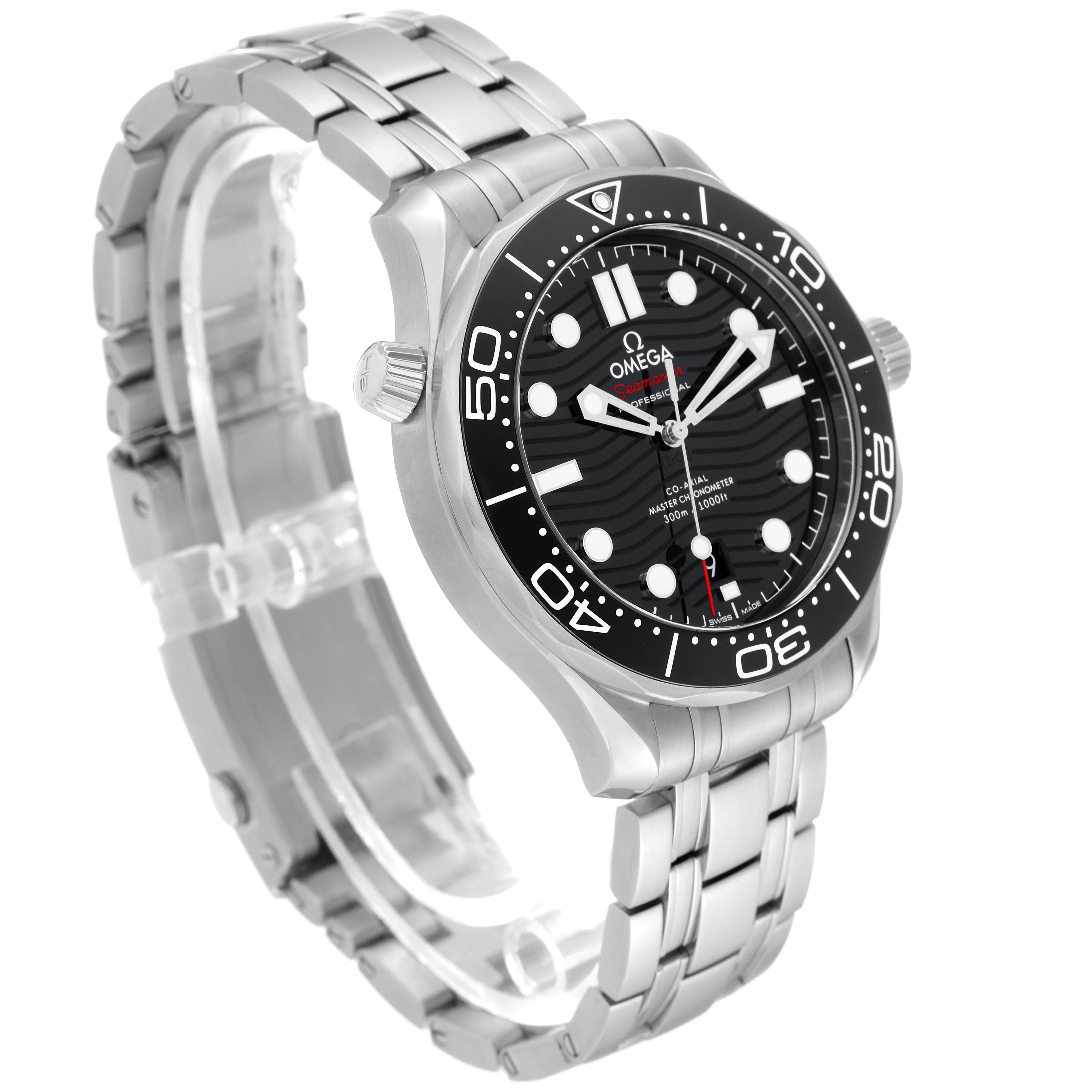The Omega Seamaster 210.30.42.20.01.001 Men
s Stainless Steel Black Dial 210.30.42.20.01.001 Men
s Stainless Steel Black Dial watch is shown at a slight angle, displaying its face, bezel, crown, and stainless steel bracelet.