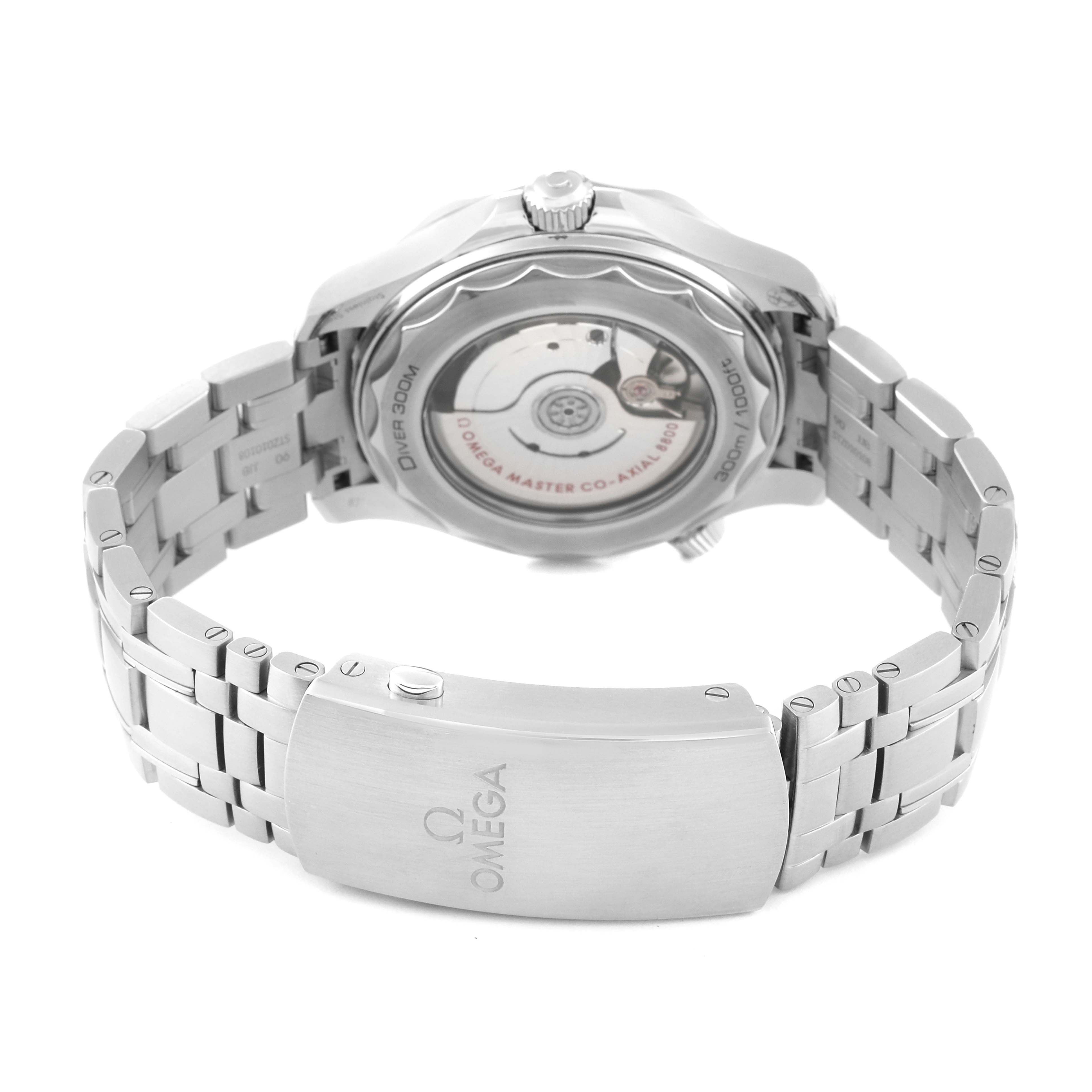 The image shows the back view of the Omega Seamaster 210.30.42.20.01.001 Men
s Stainless Steel Black Dial 210.30.42.20.01.001 Men
s Stainless Steel Black Dial watch, highlighting its stainless steel bracelet and transparent case back.