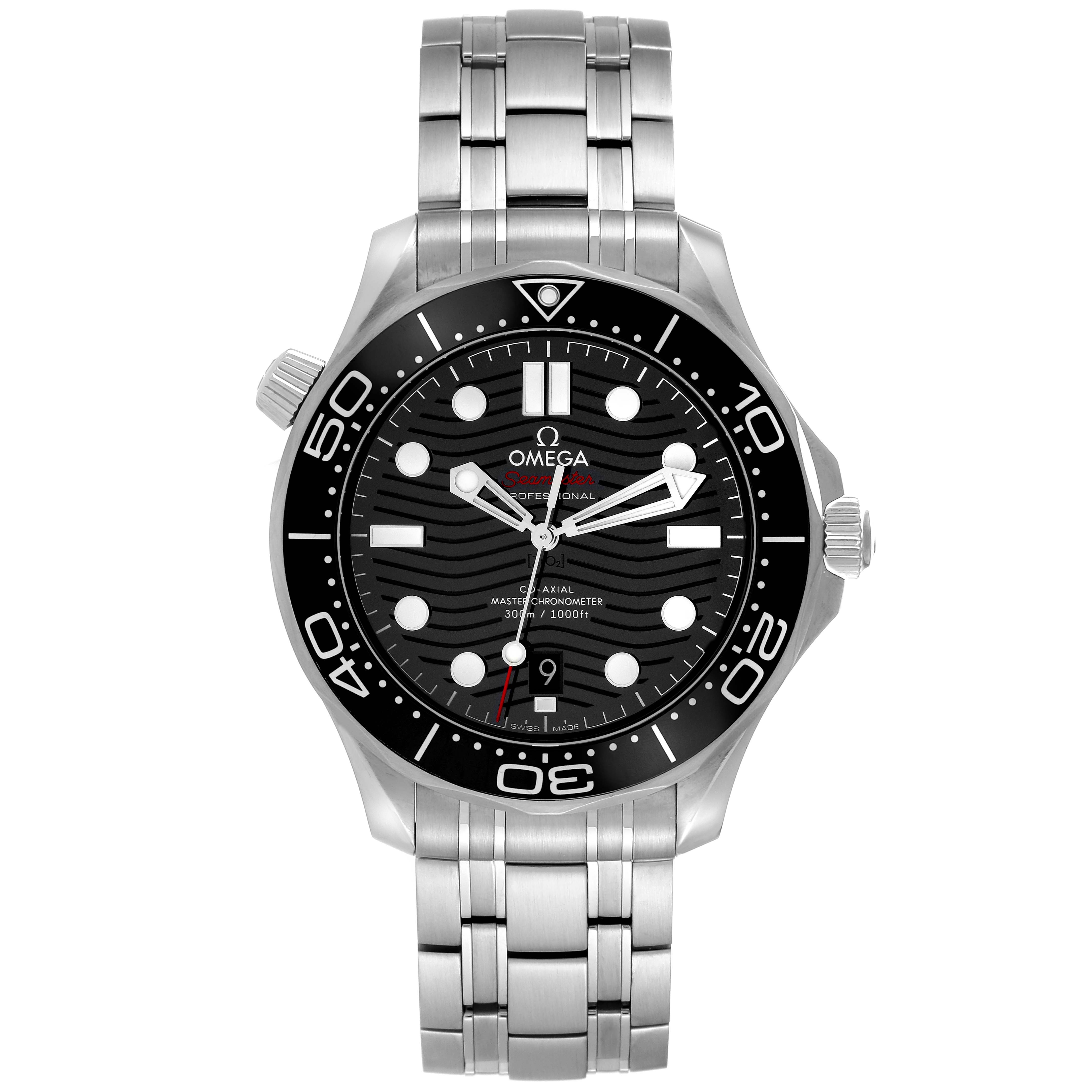 This image shows a frontal view of the Omega Seamaster 210.30.42.20.01.001 Men
s Stainless Steel Black Dial 210.30.42.20.01.001 Men
s Stainless Steel Black Dial watch, displaying the face, bezel, and stainless steel bracelet.